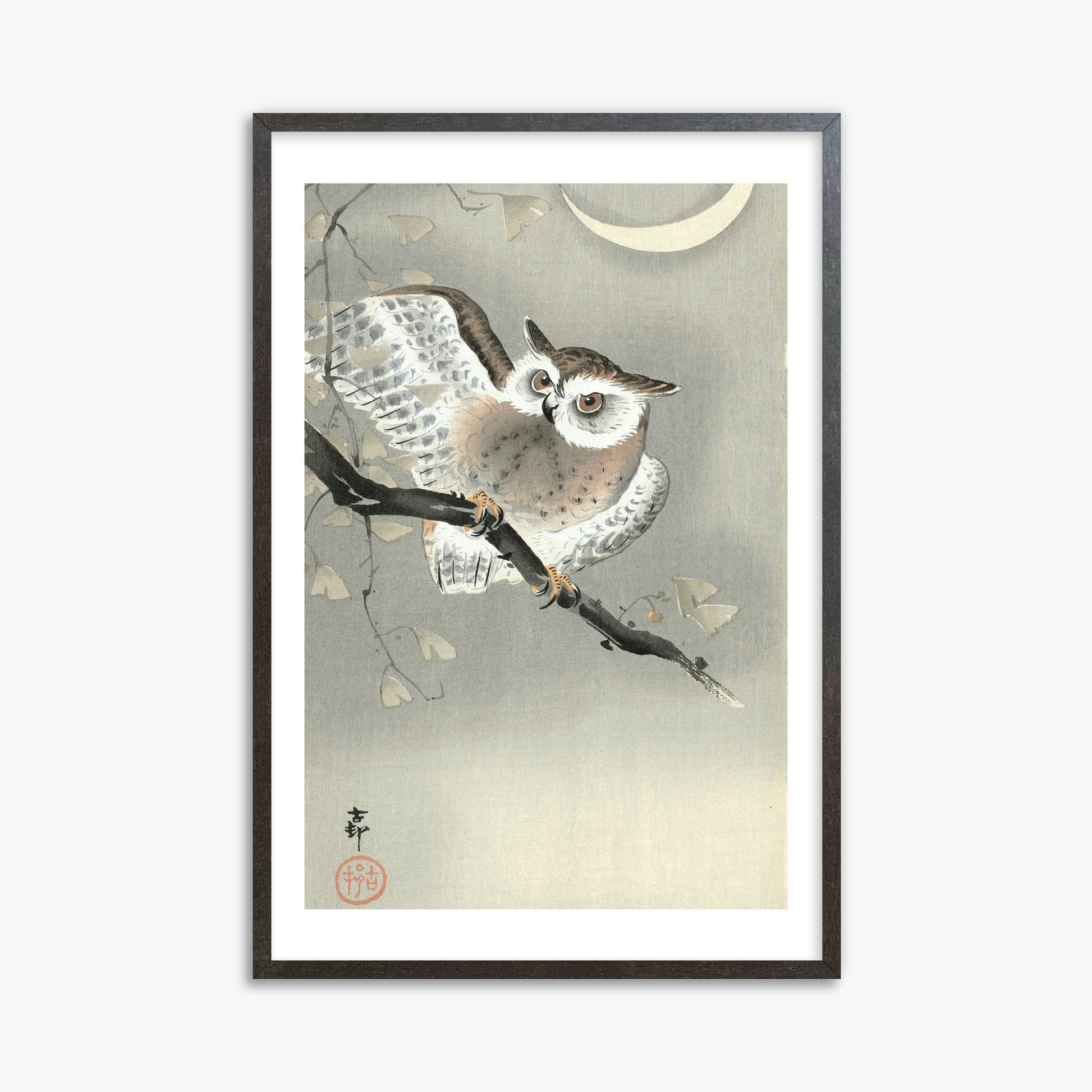 Ohara Koson: Long-Eared Owl in Ginkgo, 61x91cm Framed Art Reproduction With Espresso Frame