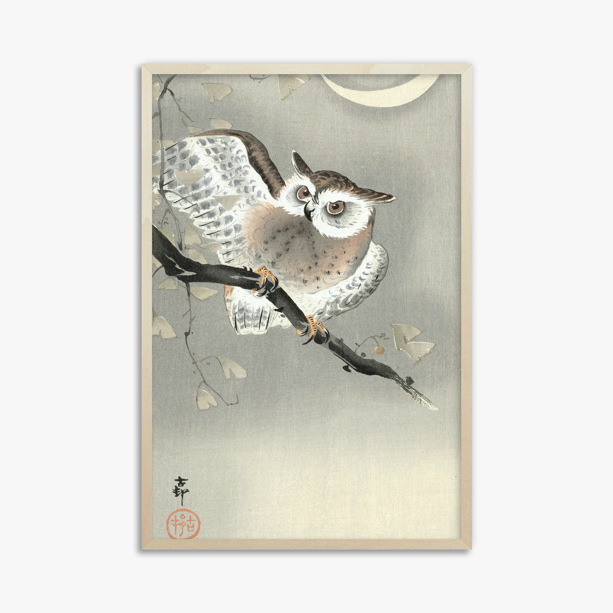 Ohara Koson: Long-Eared Owl in Ginkgo, 61x91cm Framed Art Reproduction With Lime Wood Frame