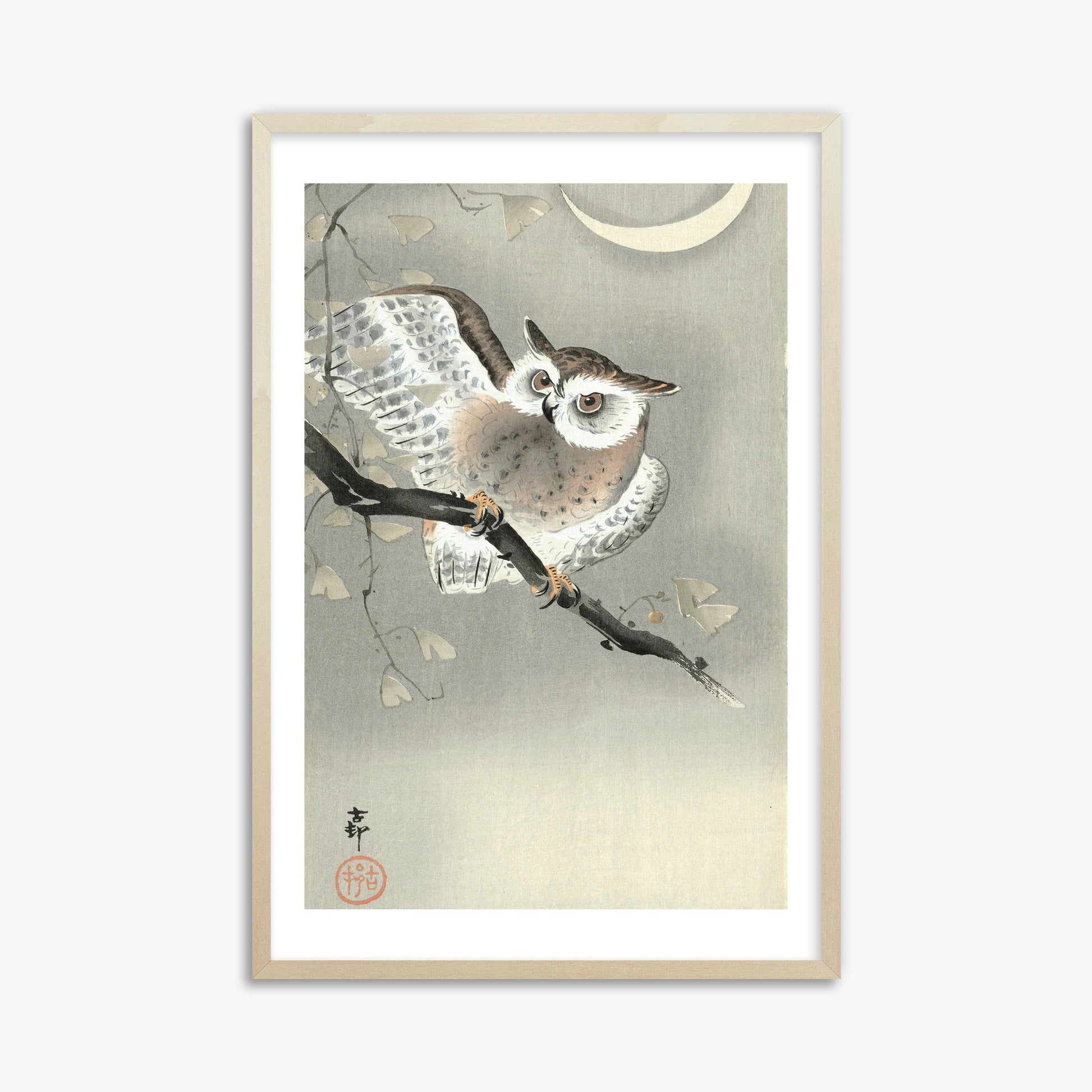 Ohara Koson: Long-Eared Owl in Ginkgo, 61x91cm Framed Art Reproduction With Lime Wood Frame