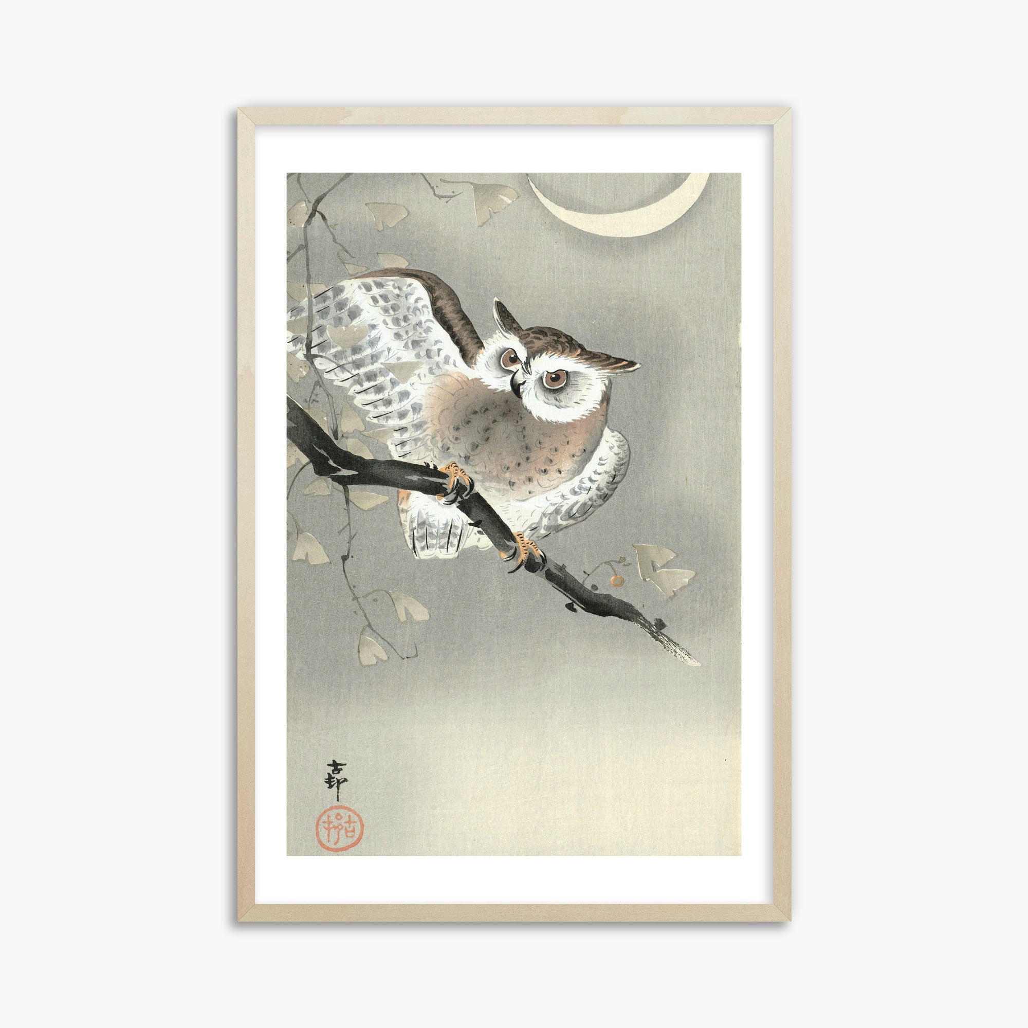Ohara Koson: Long-Eared Owl in Ginkgo, 61x91cm Framed Art Reproduction With Lime Wood Frame