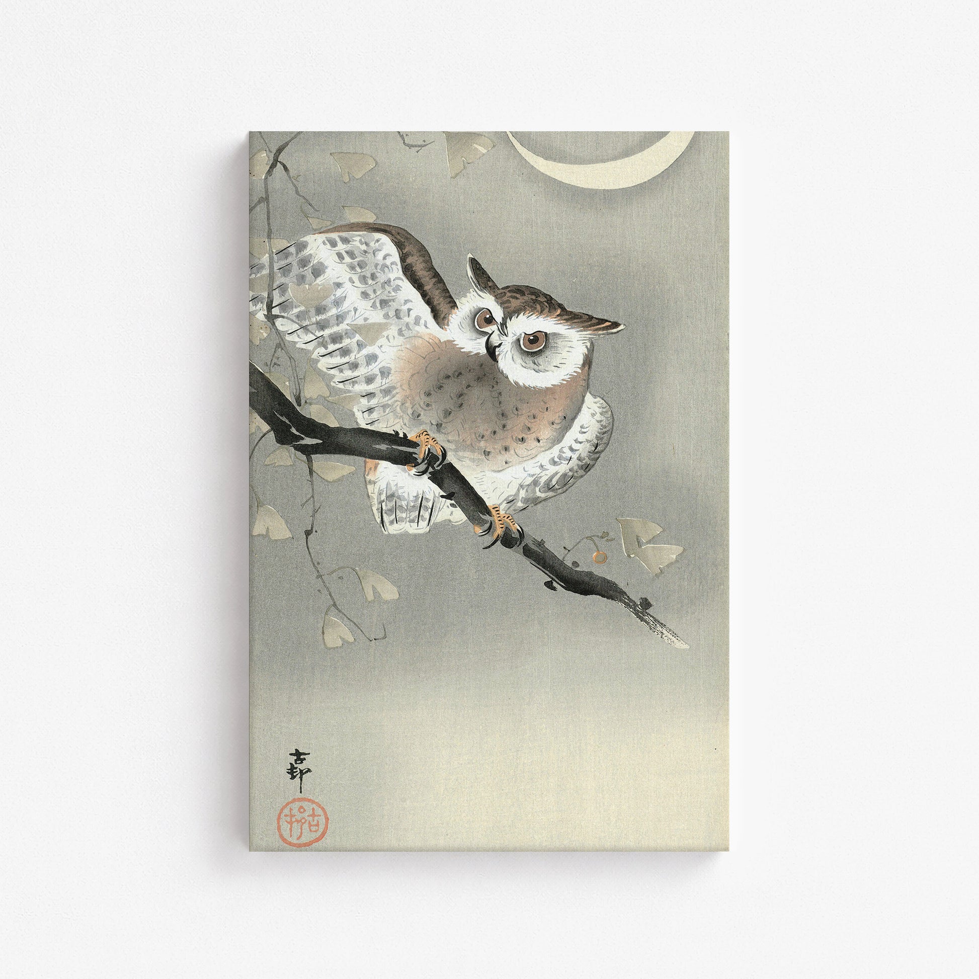 Ohara Koson: Long-Eared Owl in Ginkgo, 61x91cm Satin Canvas Art Reproduction