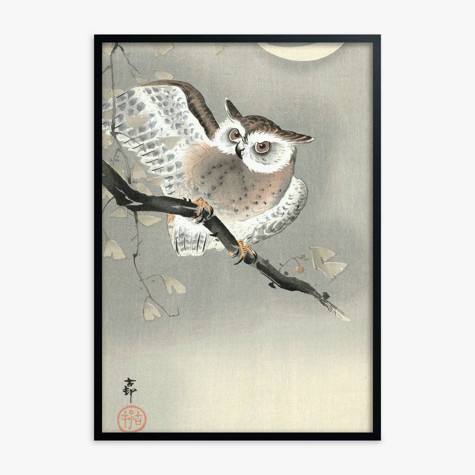 Ohara Koson: Long-Eared Owl in Ginkgo, Black Framed Art Reproduction With Black Frame