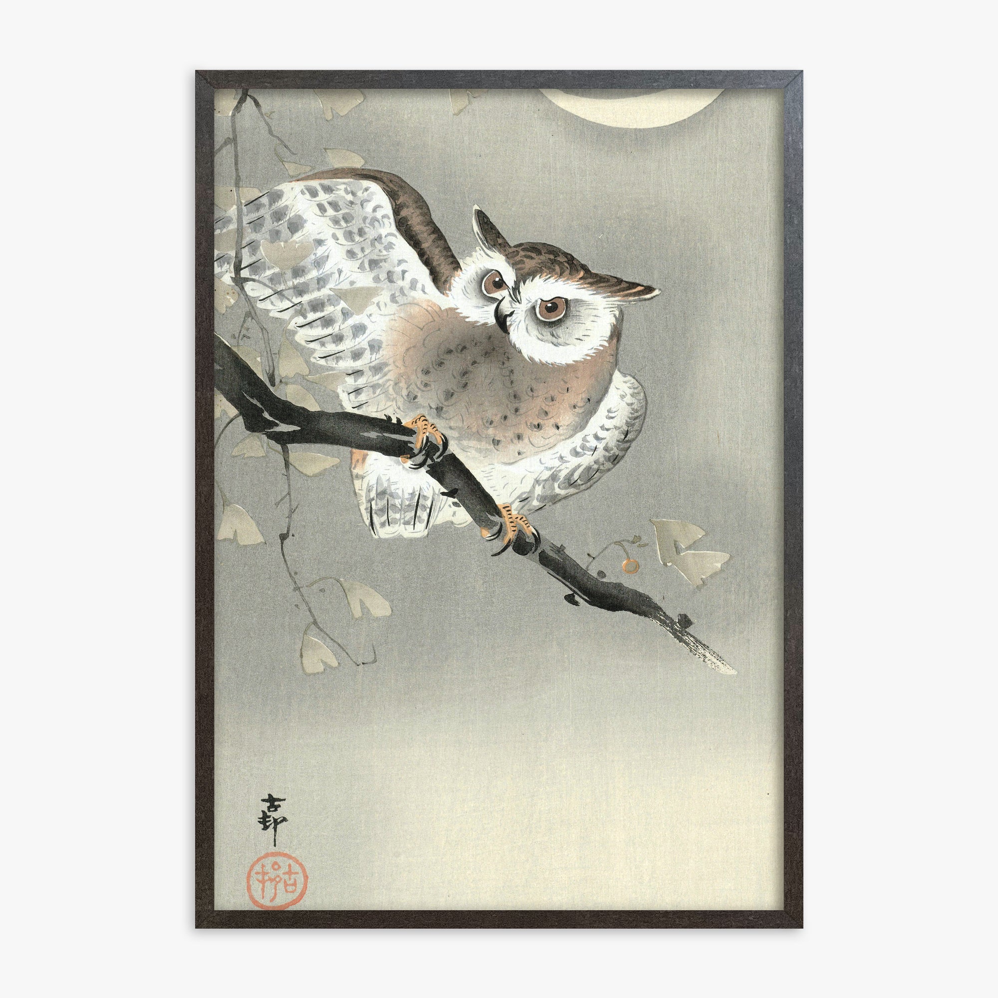 Ohara Koson: Long-Eared Owl in Ginkgo, 70x100cm Framed Art Reproduction With Espresso Frame