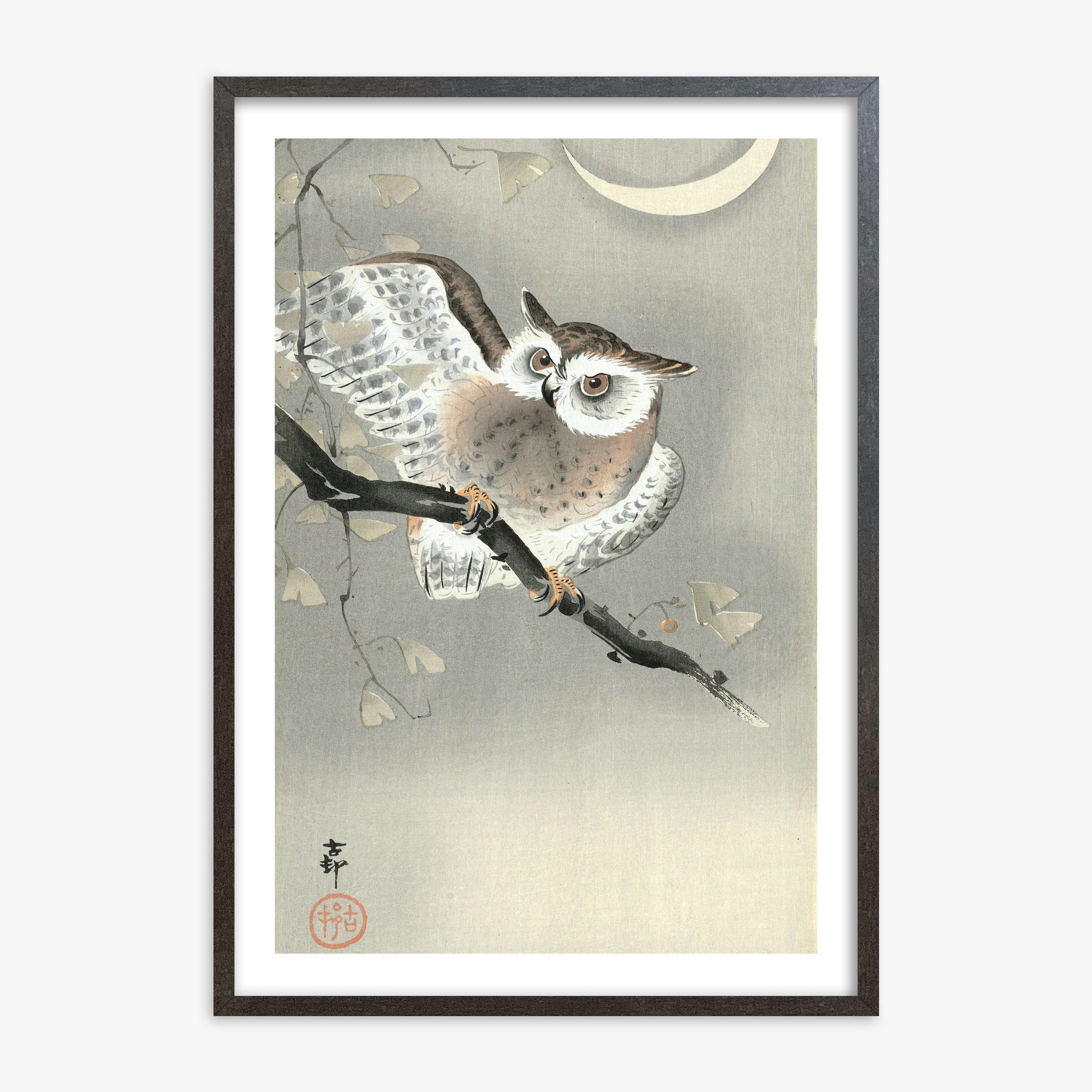 Ohara Koson: Long-Eared Owl in Ginkgo, 70x100cm Framed Art Reproduction With Espresso Frame