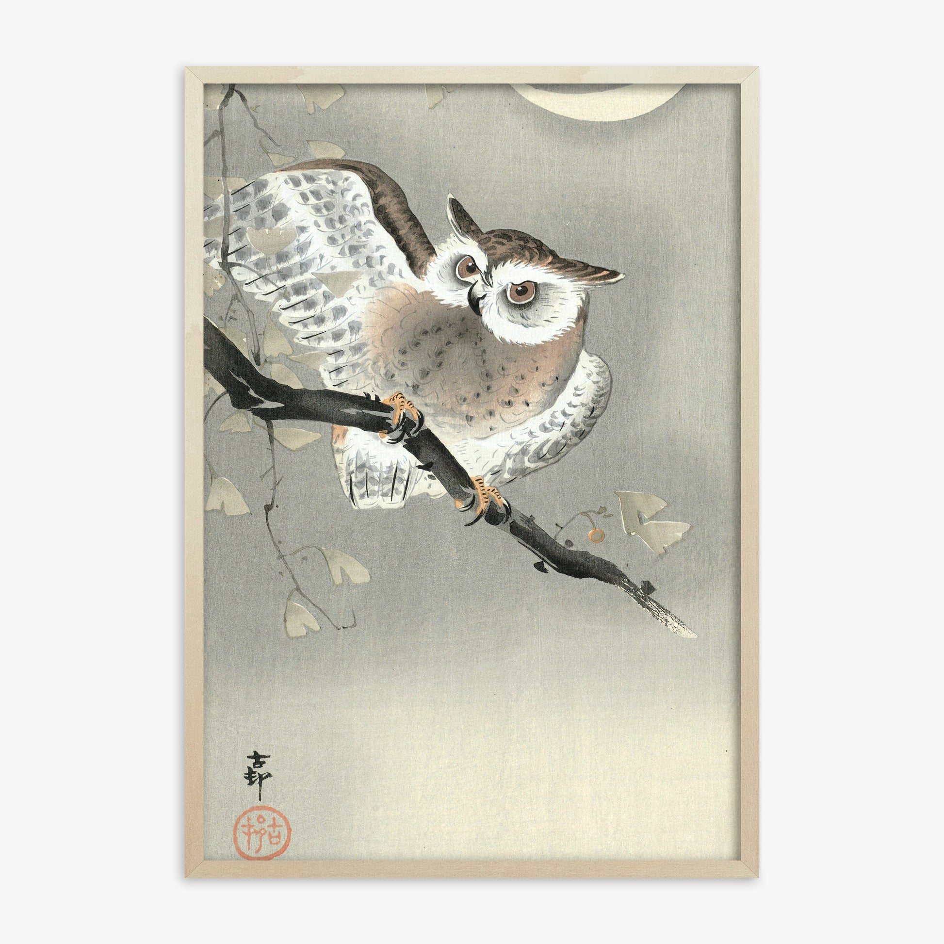 Ohara Koson: Long-Eared Owl in Ginkgo, 70x100cm Framed Art Reproduction With Lime Wood Frame