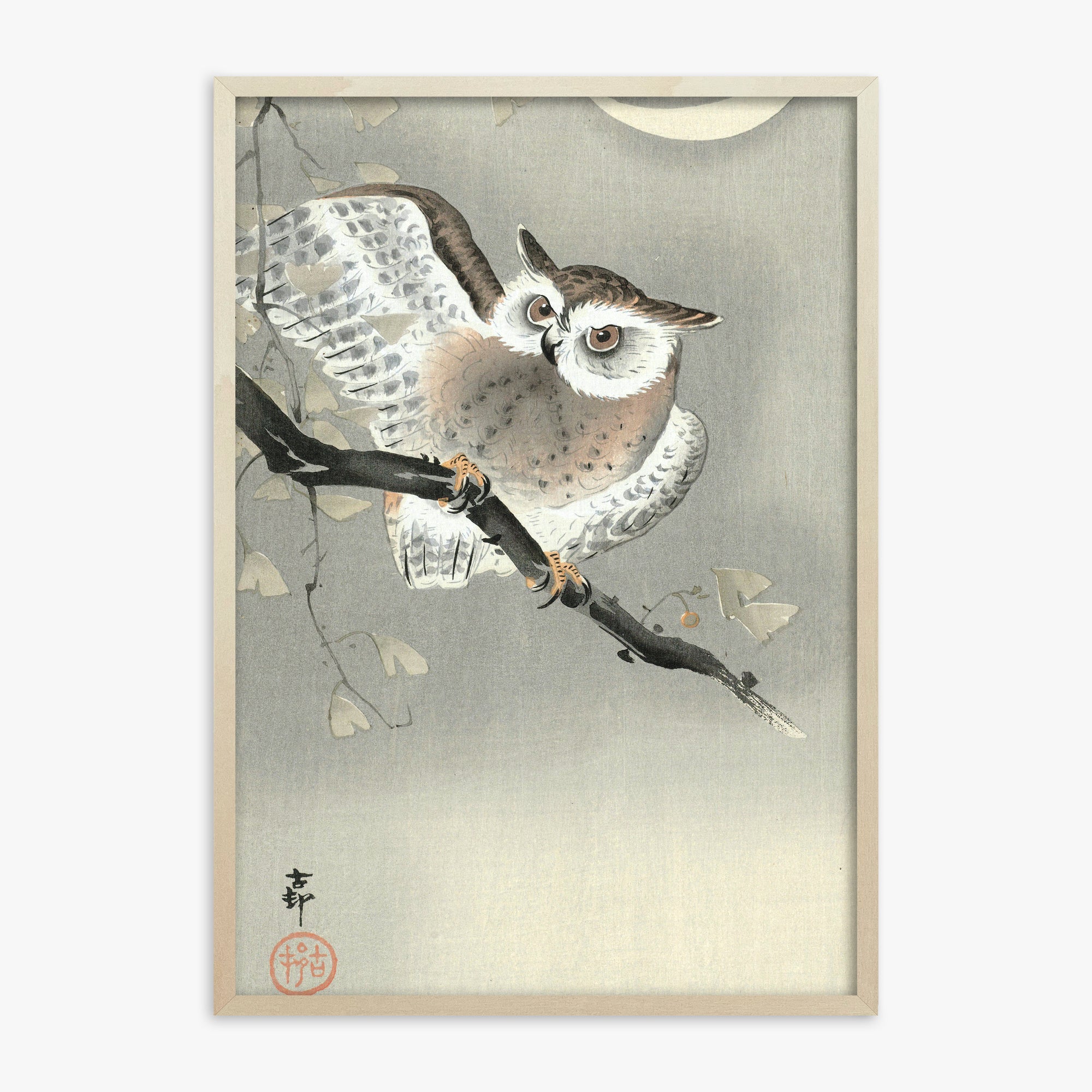Ohara Koson: Long-Eared Owl in Ginkgo, 70x100cm Framed Art Reproduction With Lime Wood Frame