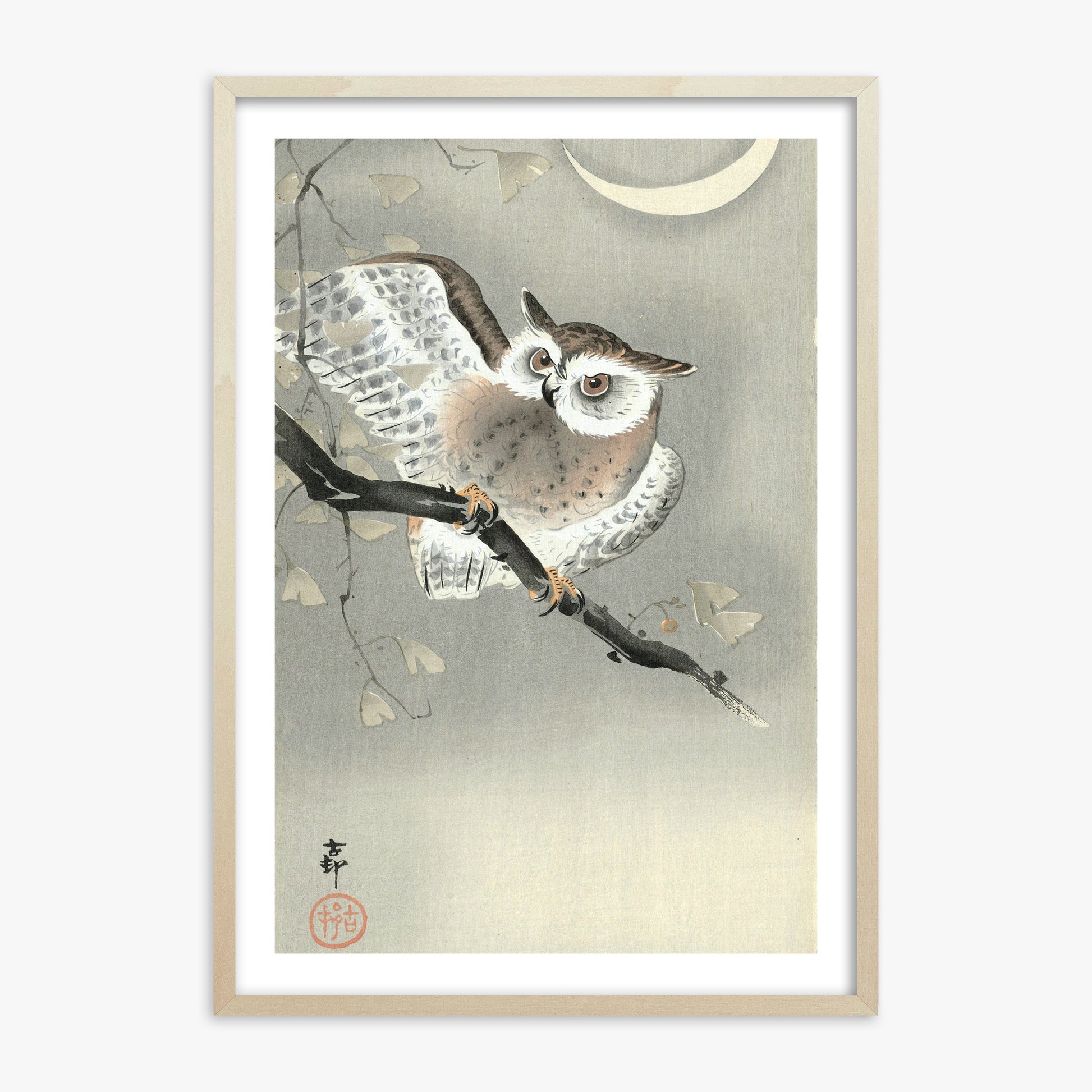 Ohara Koson: Long-Eared Owl in Ginkgo, 70x100cm Framed Art Reproduction With Lime Wood Frame