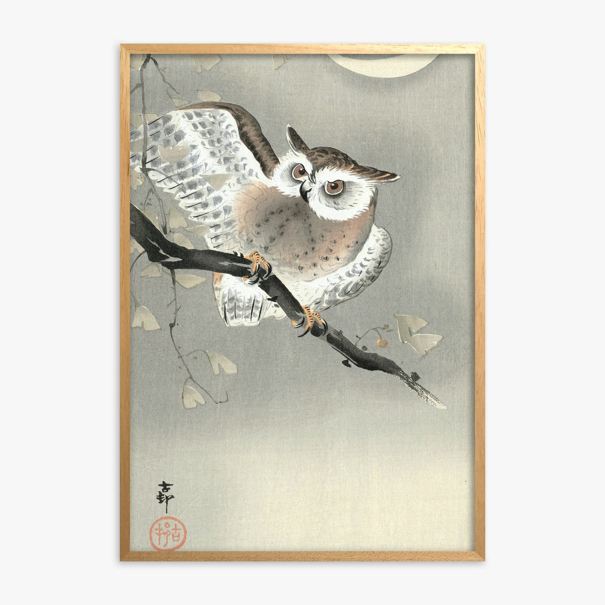 Ohara Koson: Long-Eared Owl in Ginkgo, Oak Framed Art Reproduction With Oak Frame