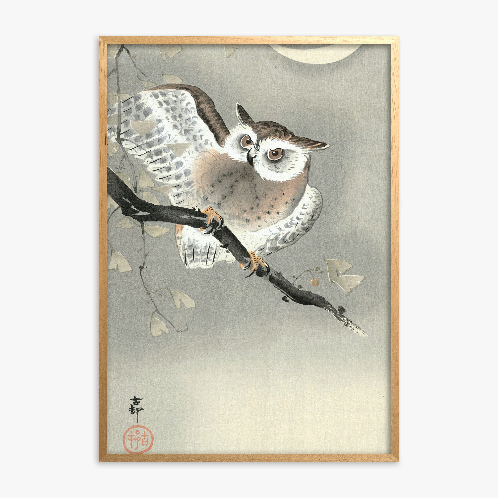 Ohara Koson: Long-Eared Owl in Ginkgo, Oak Framed Art Reproduction With Oak Frame