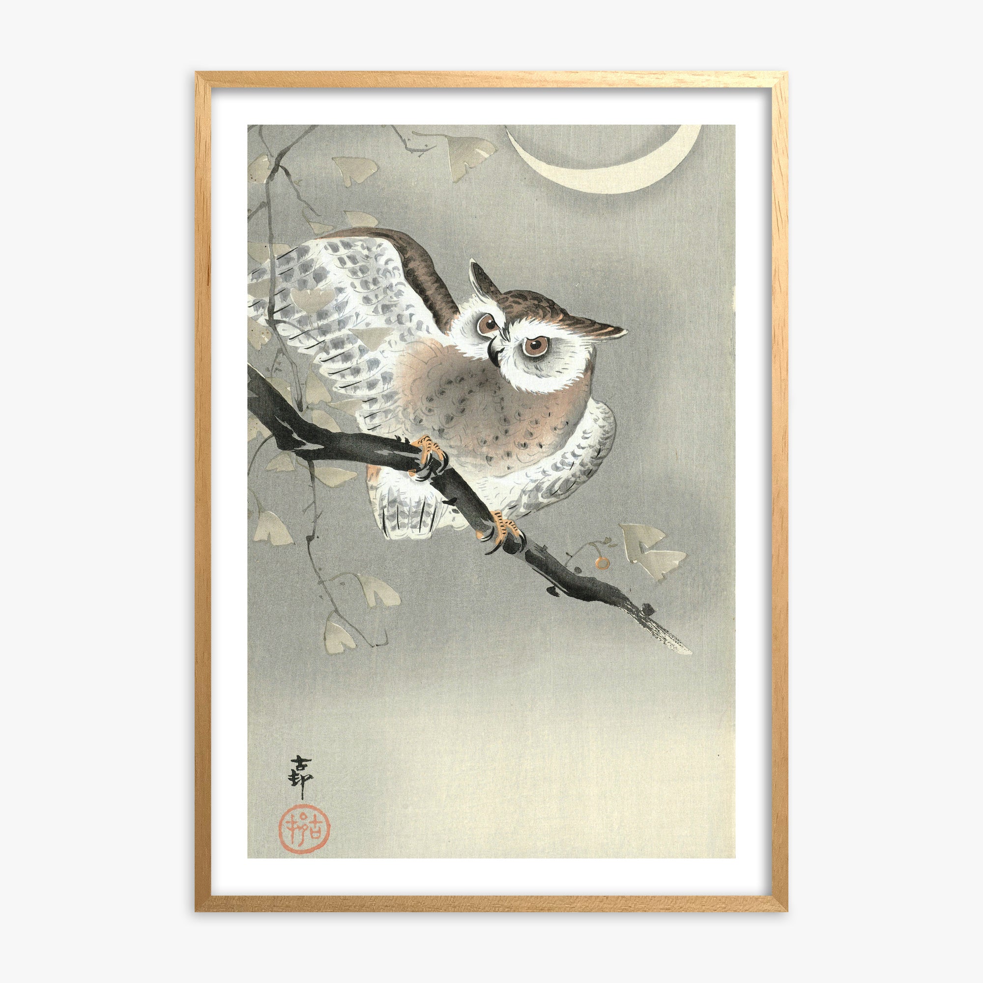 Ohara Koson: Long-Eared Owl in Ginkgo, Oak Framed Art Reproduction With Oak Frame