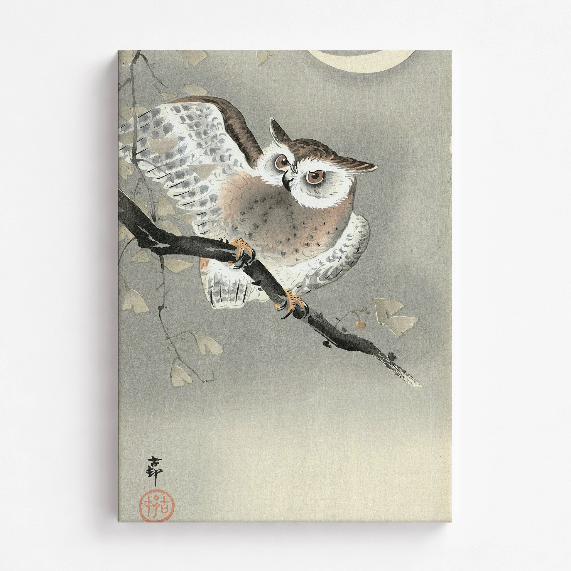 Ohara Koson: Long-Eared Owl in Ginkgo, 70x100cm Satin Canvas Art Reproduction