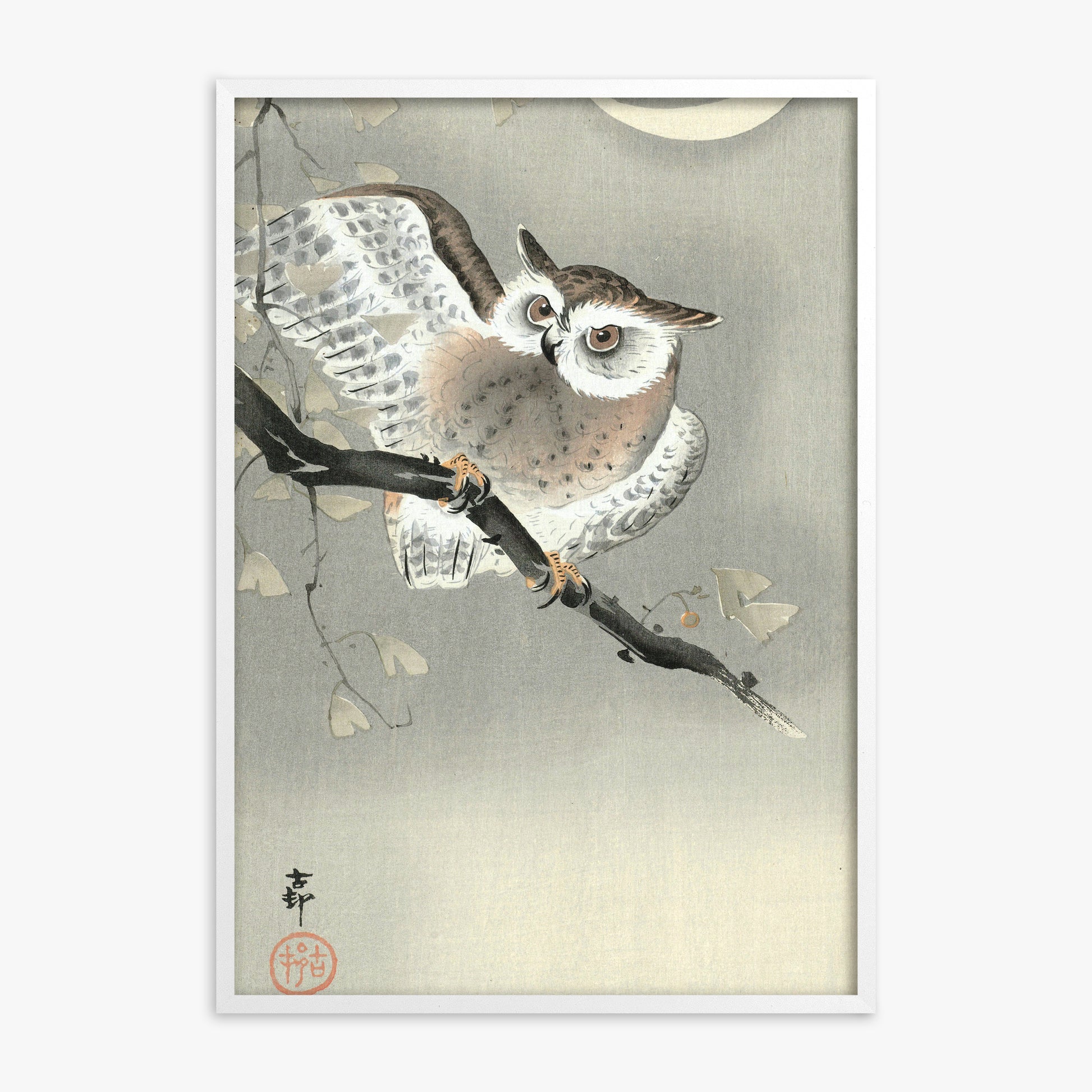 Ohara Koson: Long-Eared Owl in Ginkgo, White Framed Art Reproduction With White Frame