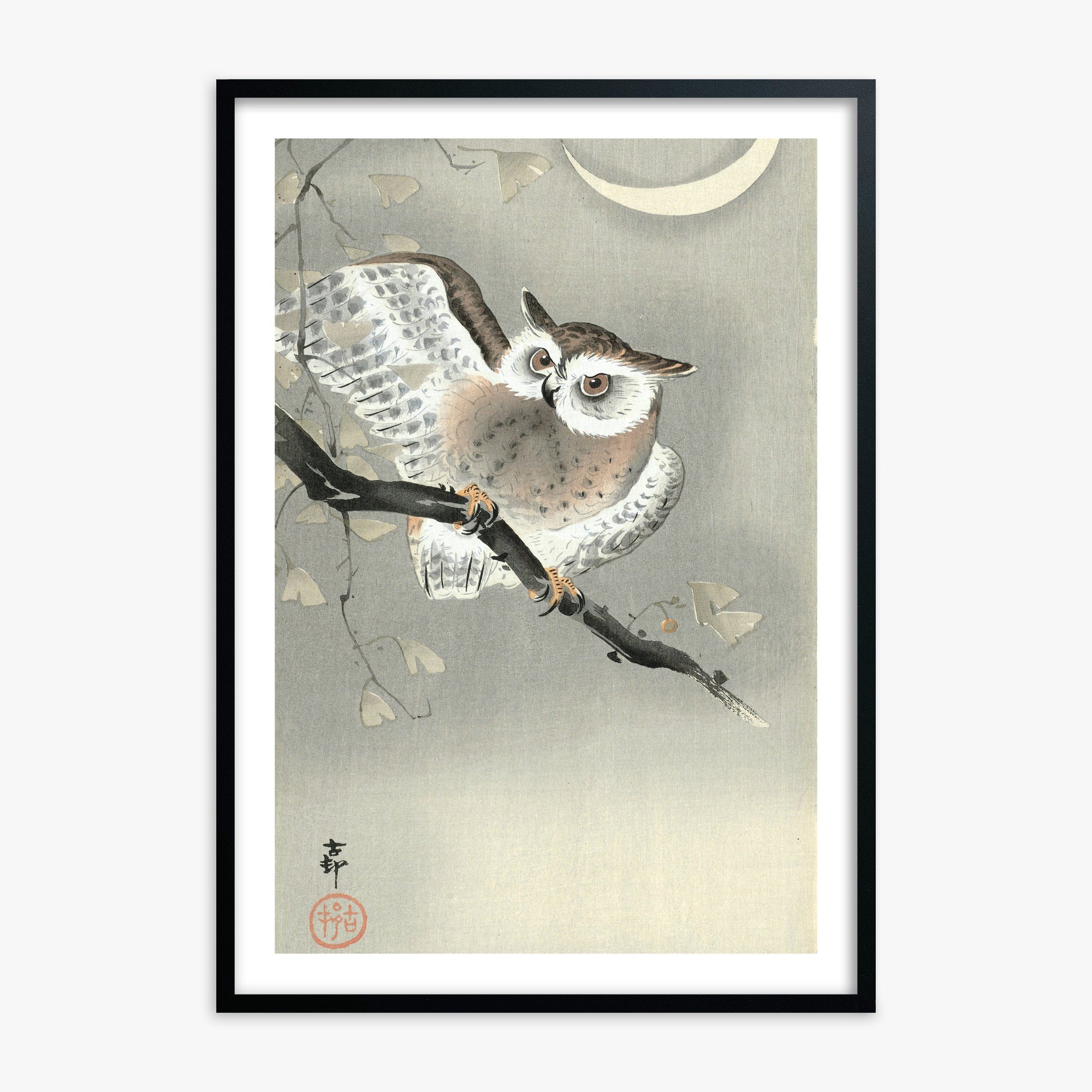 Ohara Koson: Long-Eared Owl in Ginkgo, 70x100cm Black Framed Art Reproduction
