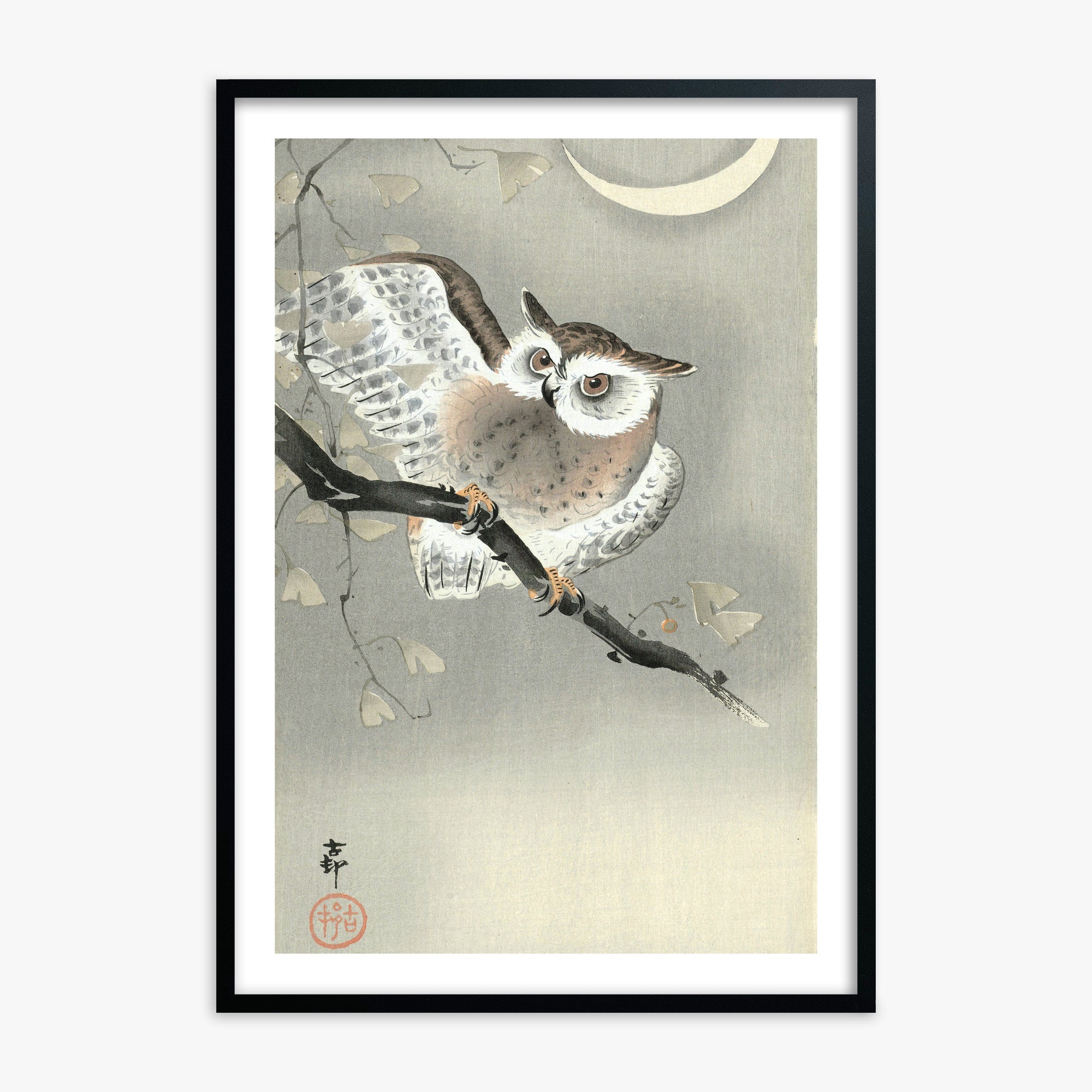 Ohara Koson: Long-Eared Owl in Ginkgo, 70x100cm Black Framed Art Reproduction