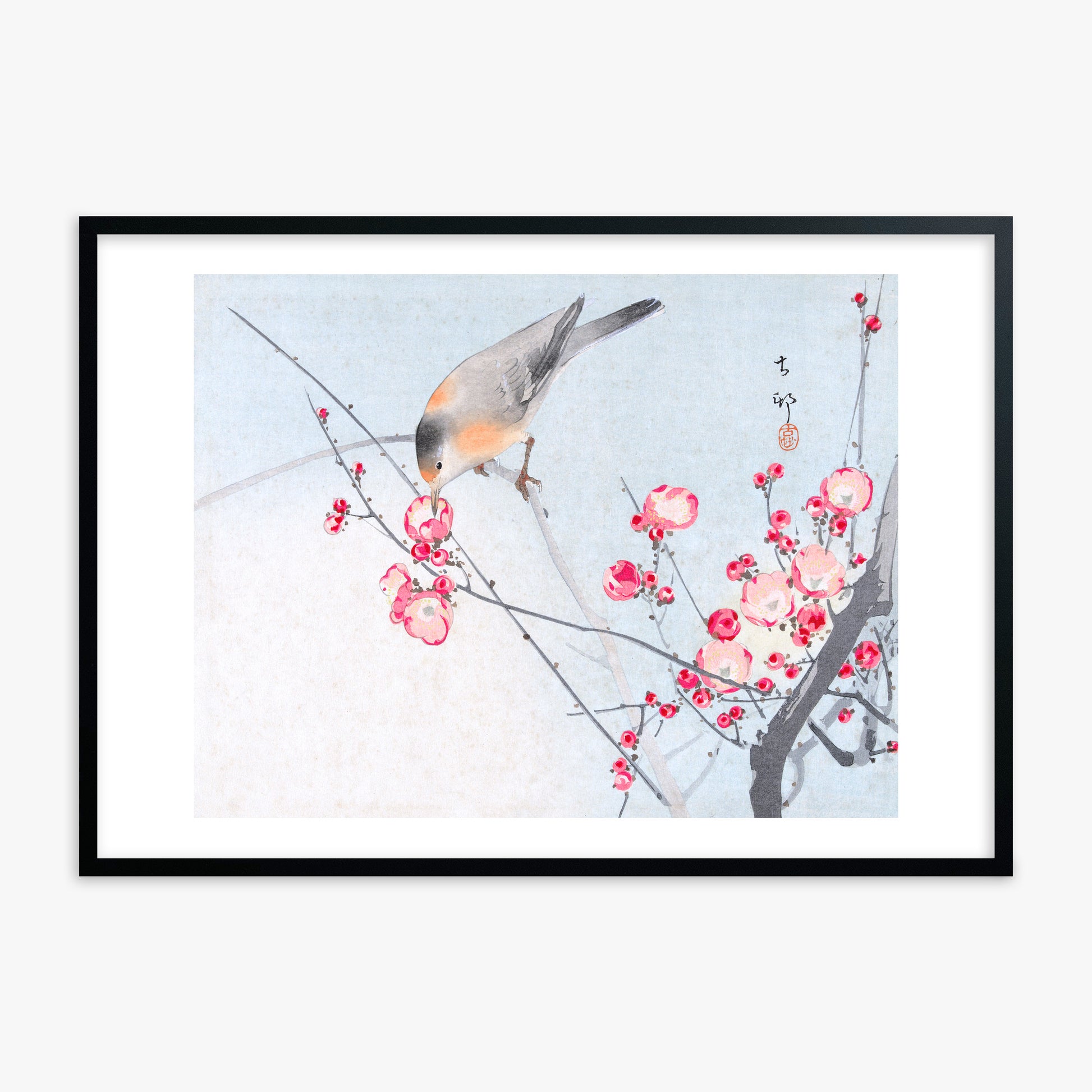 Ohara Koson: Songbird on Blossom Branch, Black Framed Art Reproduction With Black Frame