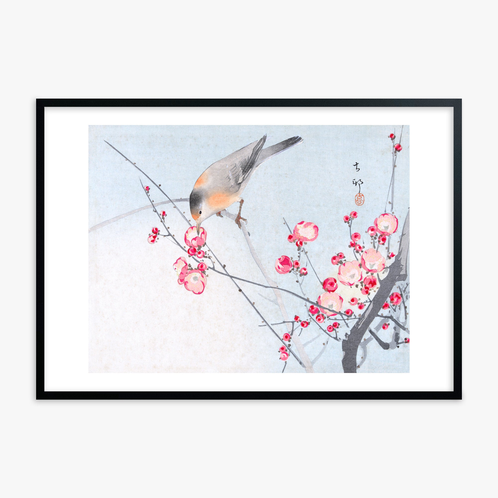Ohara Koson: Songbird on Blossom Branch, Black Framed Art Reproduction With Black Frame
