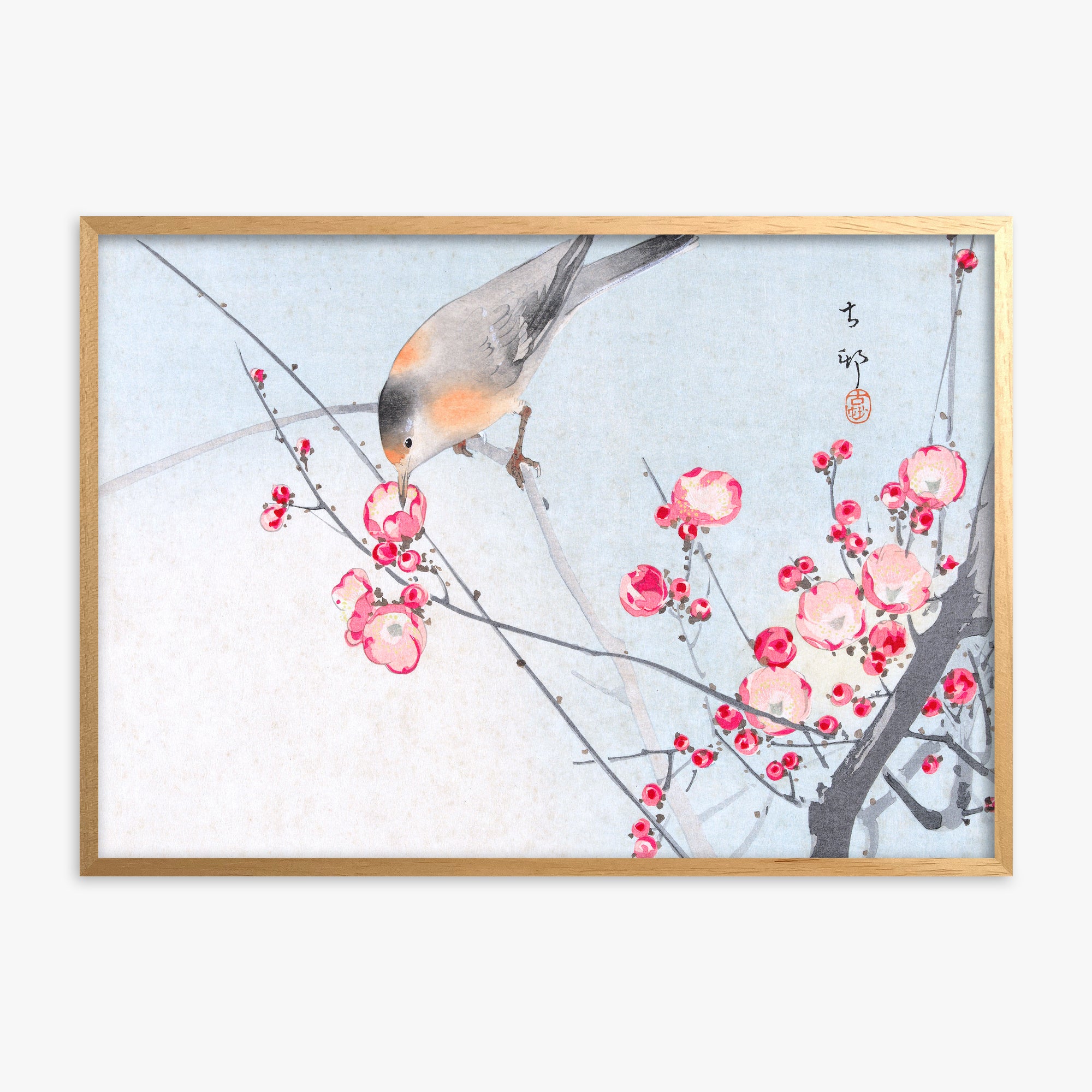 Ohara Koson: Songbird on Blossom Branch, Oak Framed Art Reproduction With Oak Frame