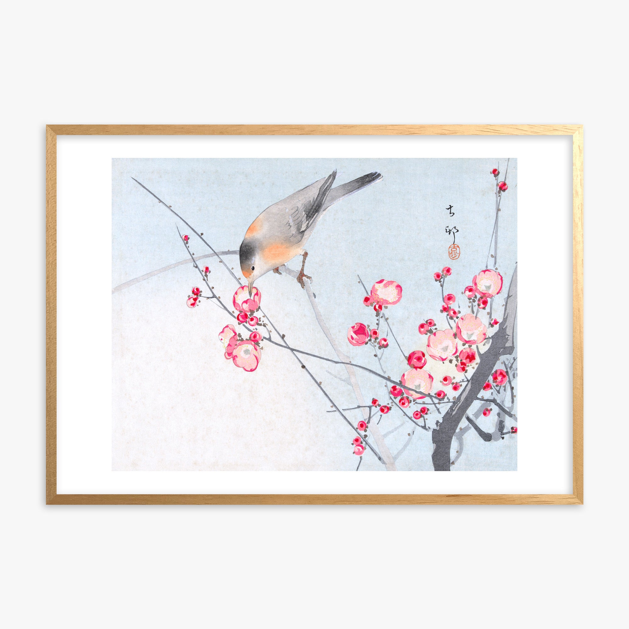 Ohara Koson: Songbird on Blossom Branch, Oak Framed Art Reproduction With Oak Frame