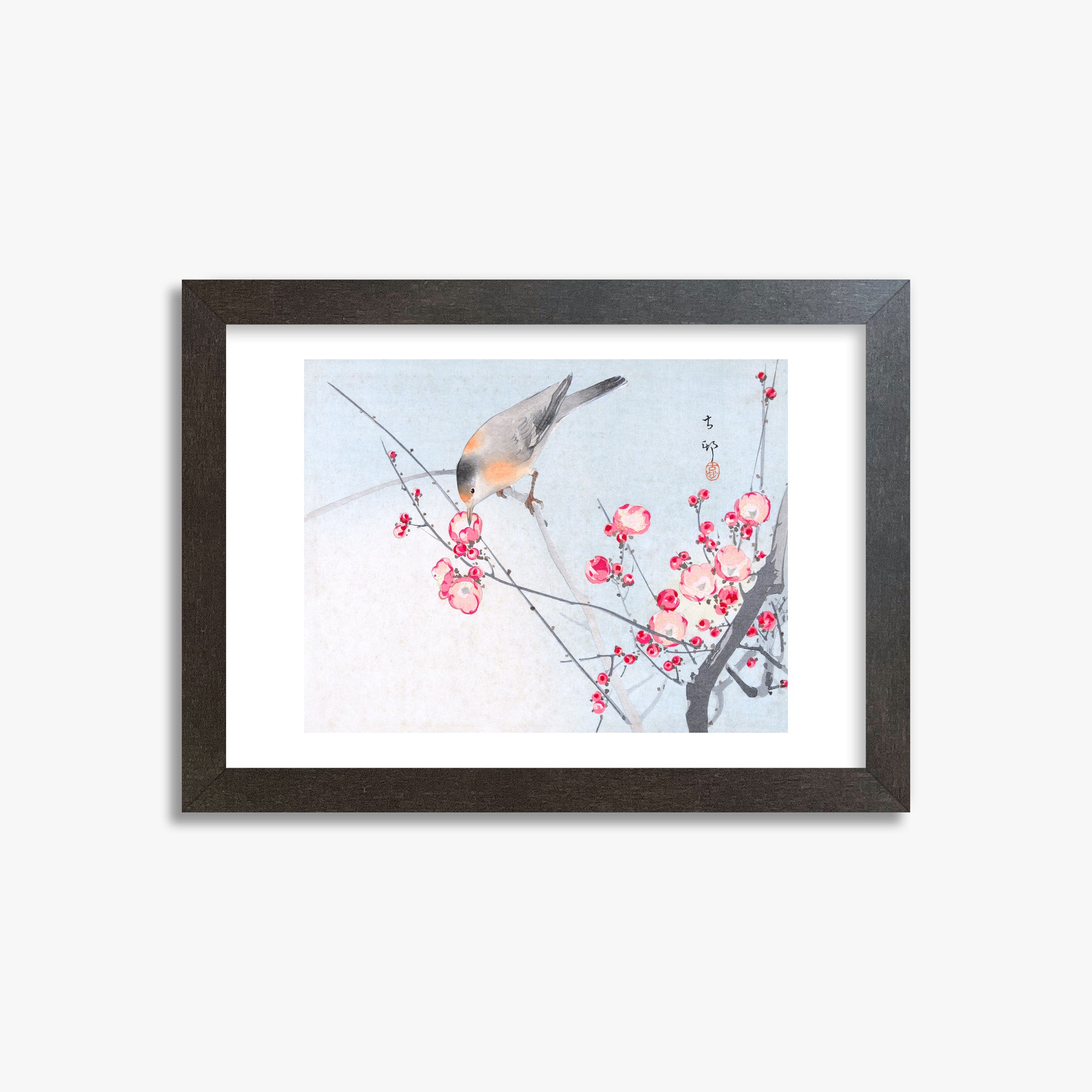 Ohara Koson: Songbird on Blossom Branch, 21x30cm Framed Art Reproduction With Espresso Frame