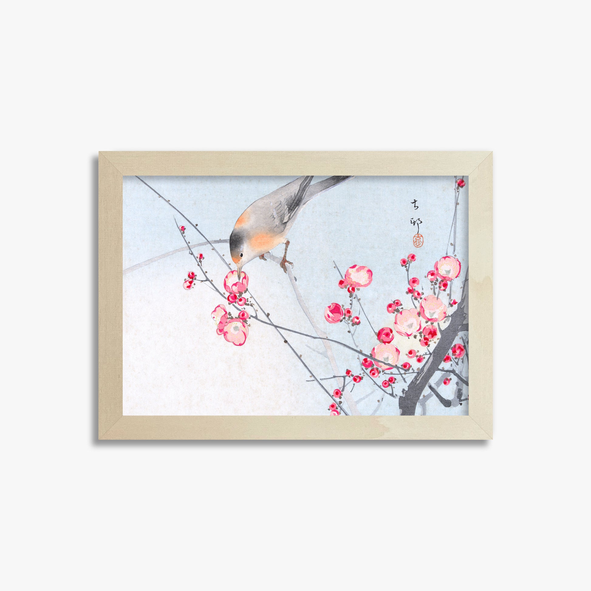 Ohara Koson: Songbird on Blossom Branch, 21x30cm Framed Art Reproduction With Lime Wood Frame
