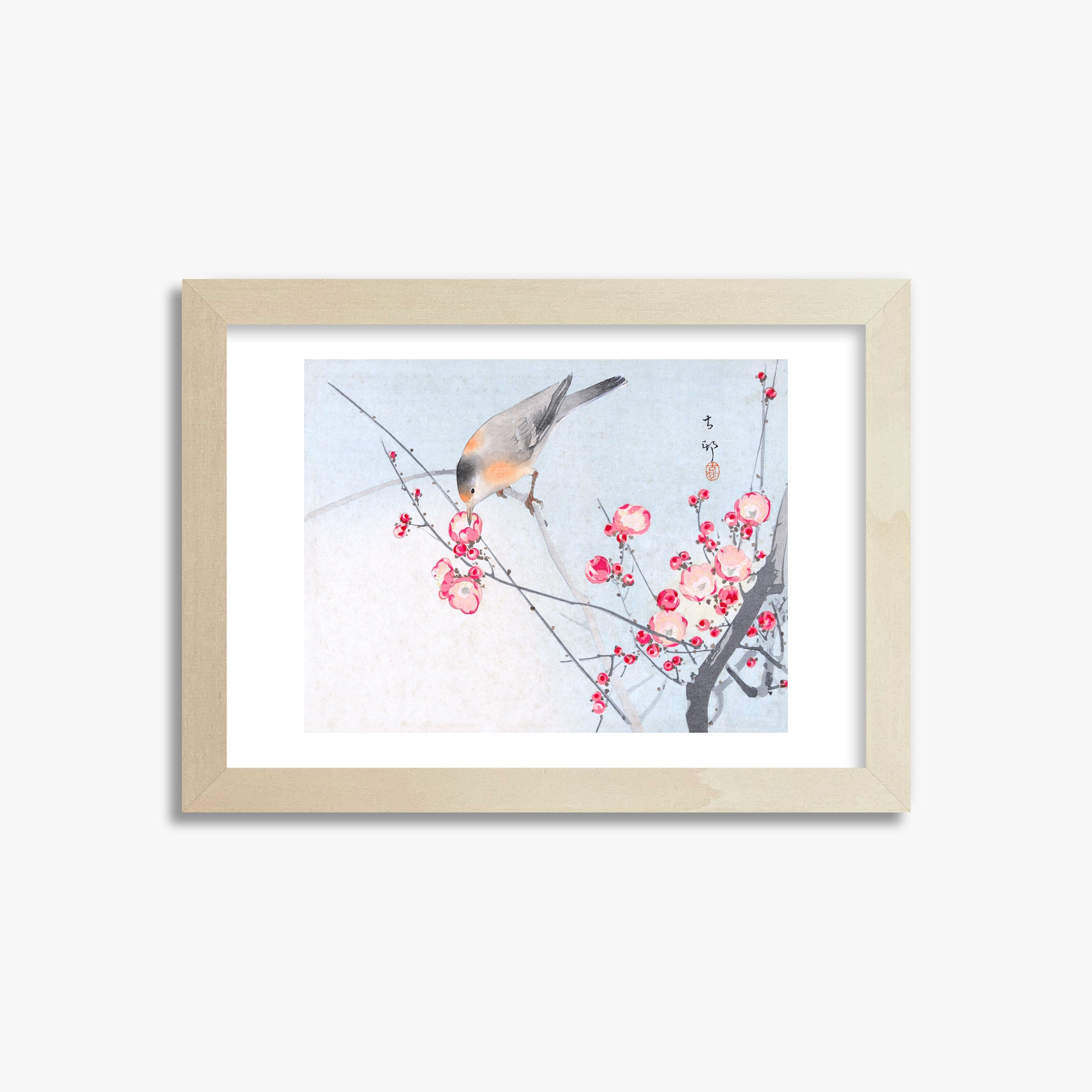 Ohara Koson: Songbird on Blossom Branch, 21x30cm Framed Art Reproduction With Lime Wood Frame