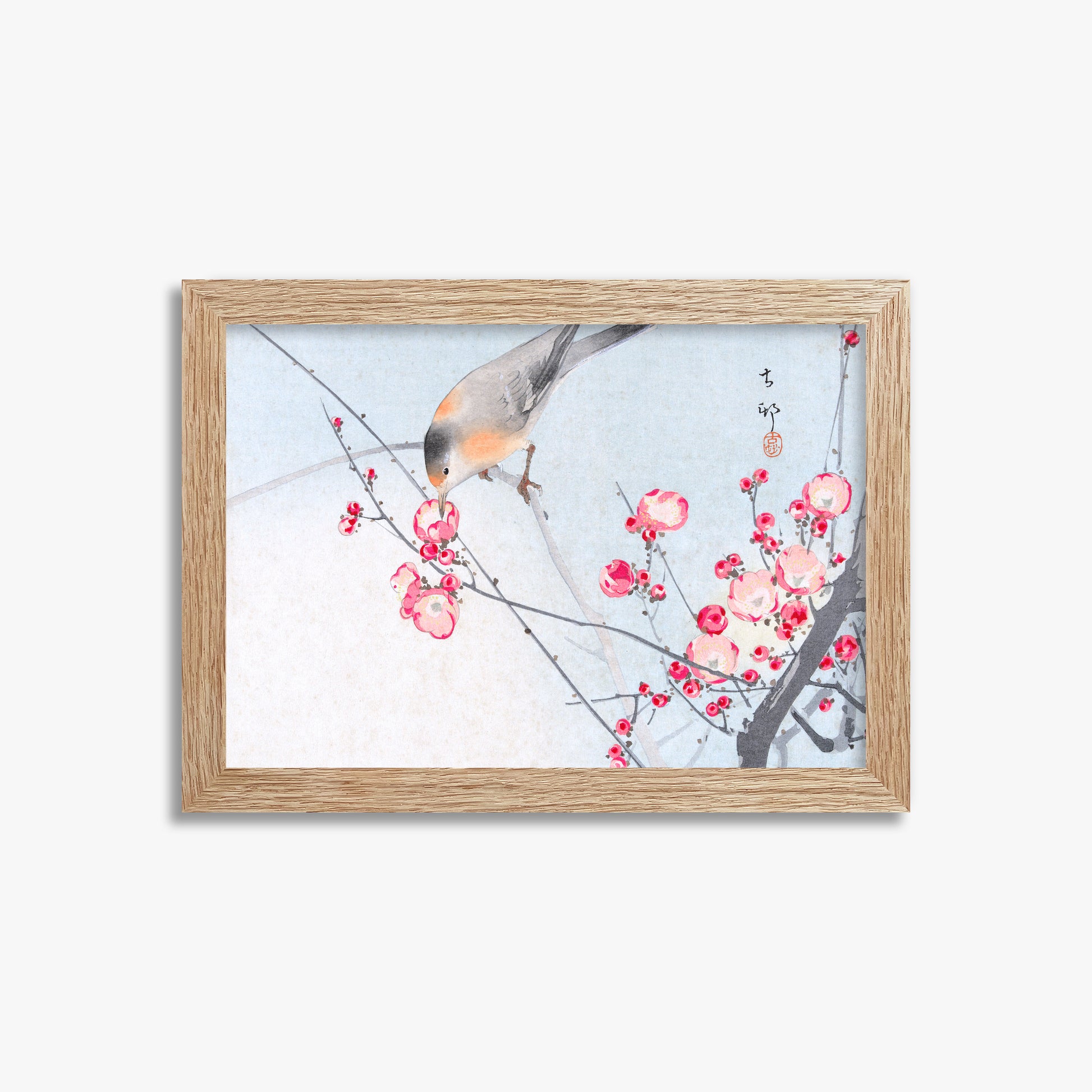 Ohara Koson: Songbird on Blossom Branch, 21x30cm Framed Art Reproduction With Raw Oak Frame
