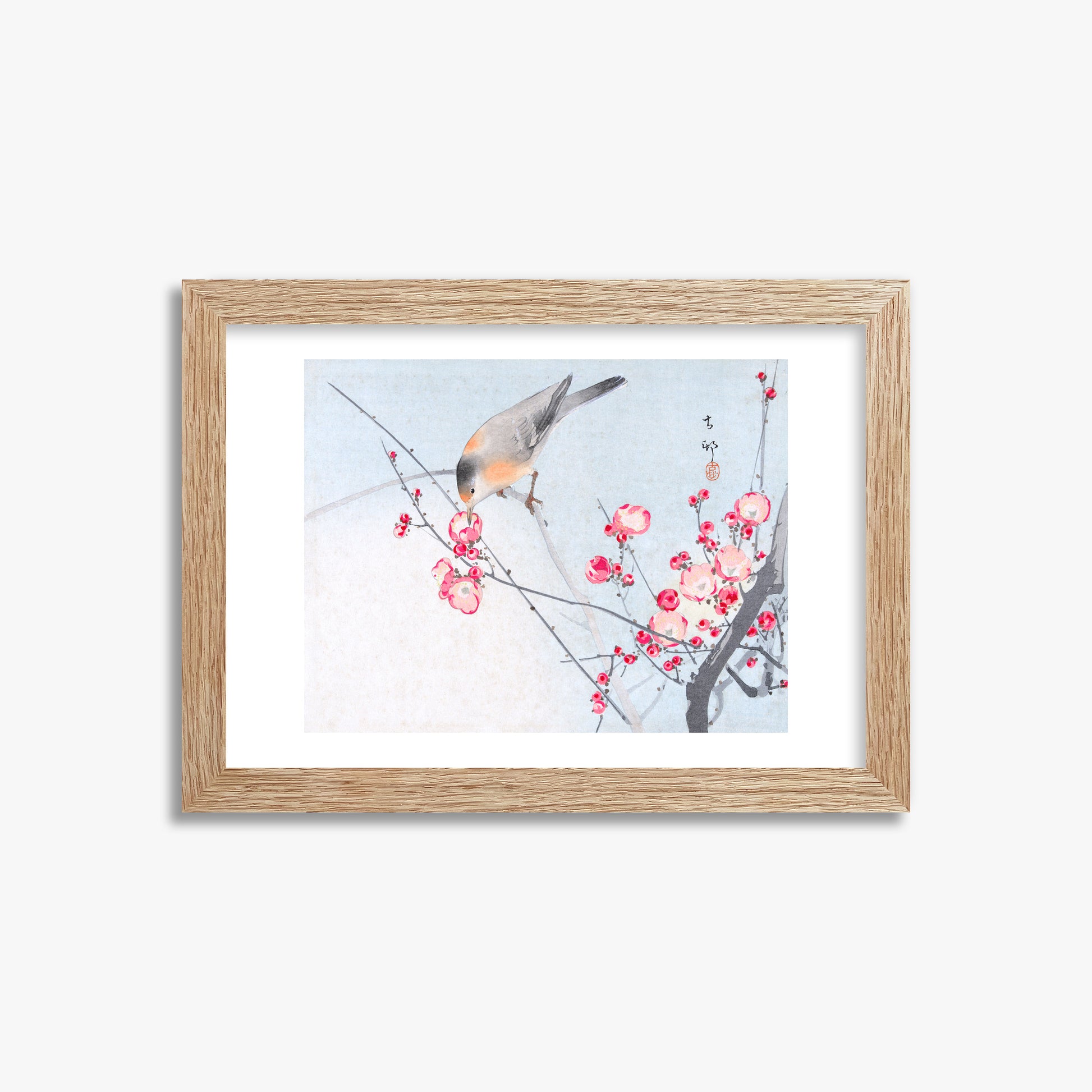 Ohara Koson: Songbird on Blossom Branch, 21x30cm Framed Art Reproduction With Raw Oak Frame