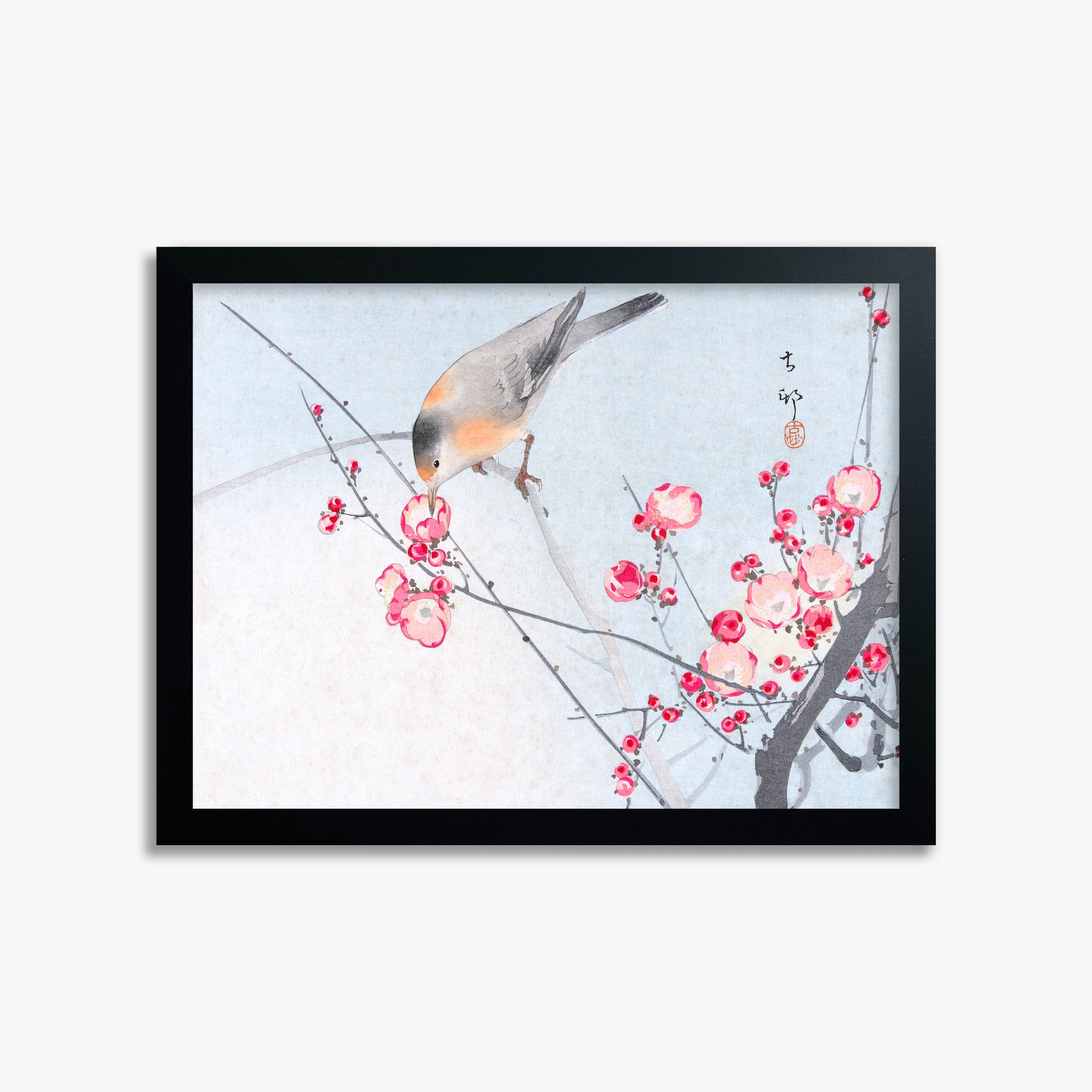 Ohara Koson: Songbird on Blossom Branch, 30x40cm Framed Art Reproduction With Black Frame