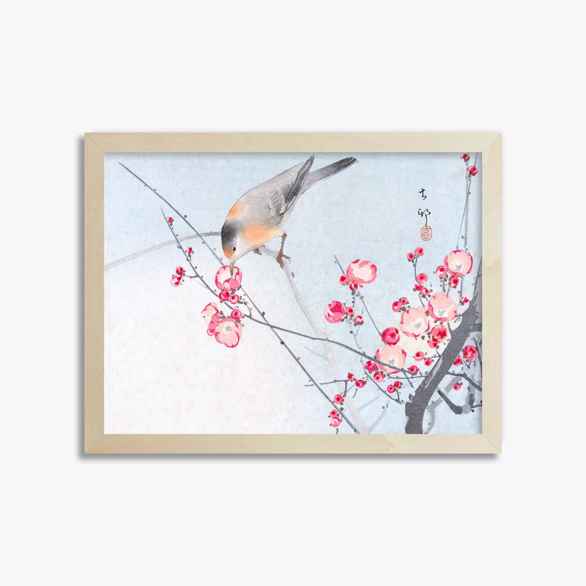 Ohara Koson: Songbird on Blossom Branch, 30x40cm Framed Art Reproduction With Lime Wood Frame
