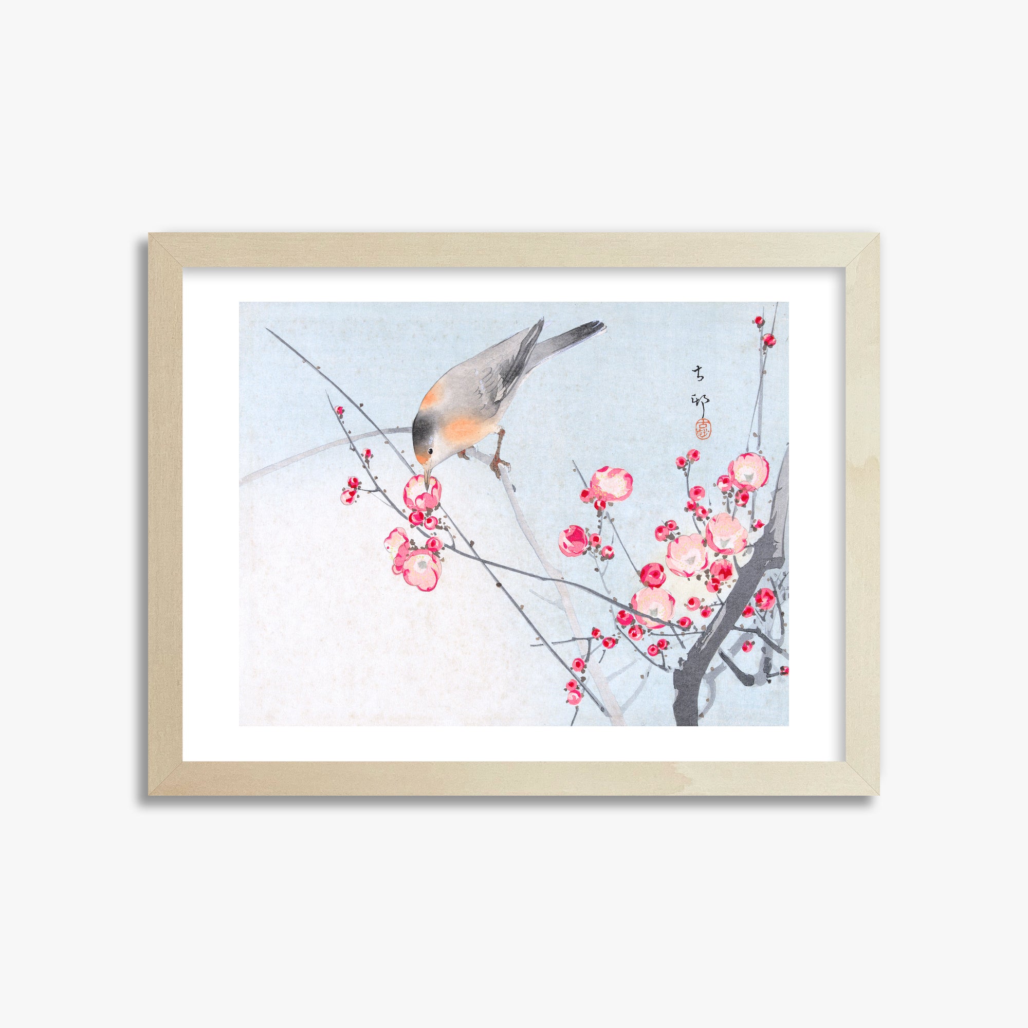 Ohara Koson: Songbird on Blossom Branch, 30x40cm Framed Art Reproduction With Lime Wood Frame
