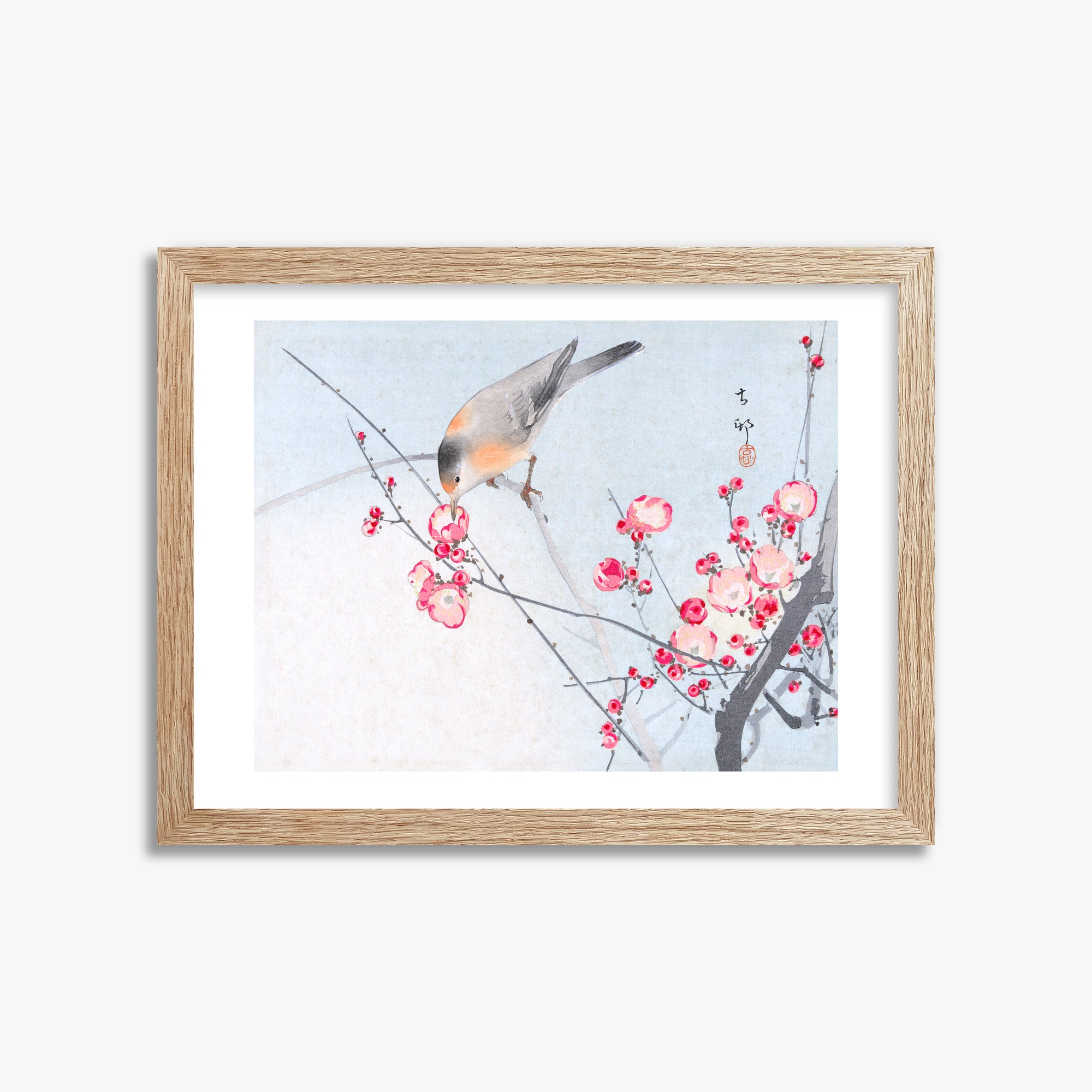 Ohara Koson: Songbird on Blossom Branch, 30x40cm Framed Art Reproduction With Raw Oak Frame