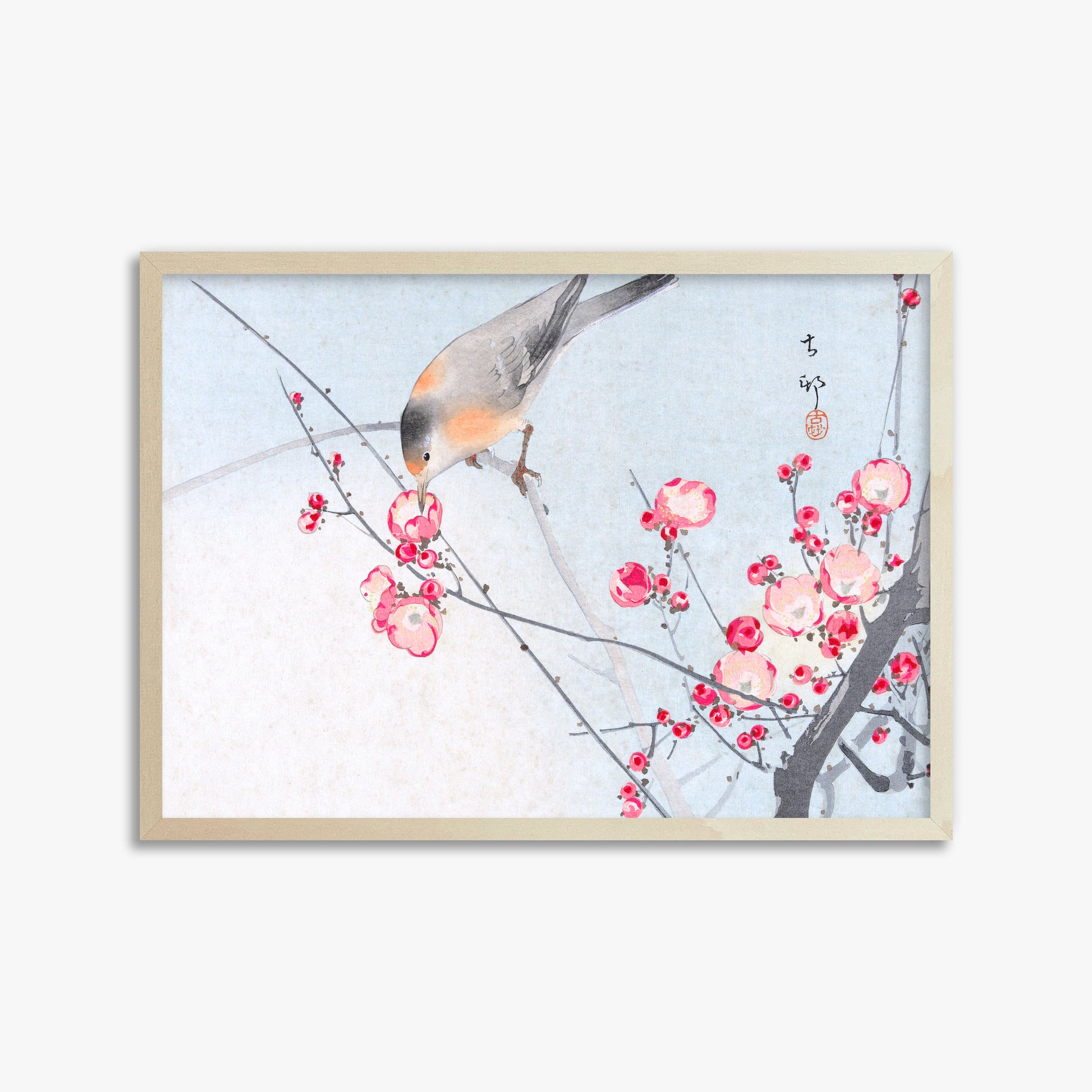 Ohara Koson: Songbird on Blossom Branch, 50x70cm Framed Art Reproduction With Lime Wood Frame