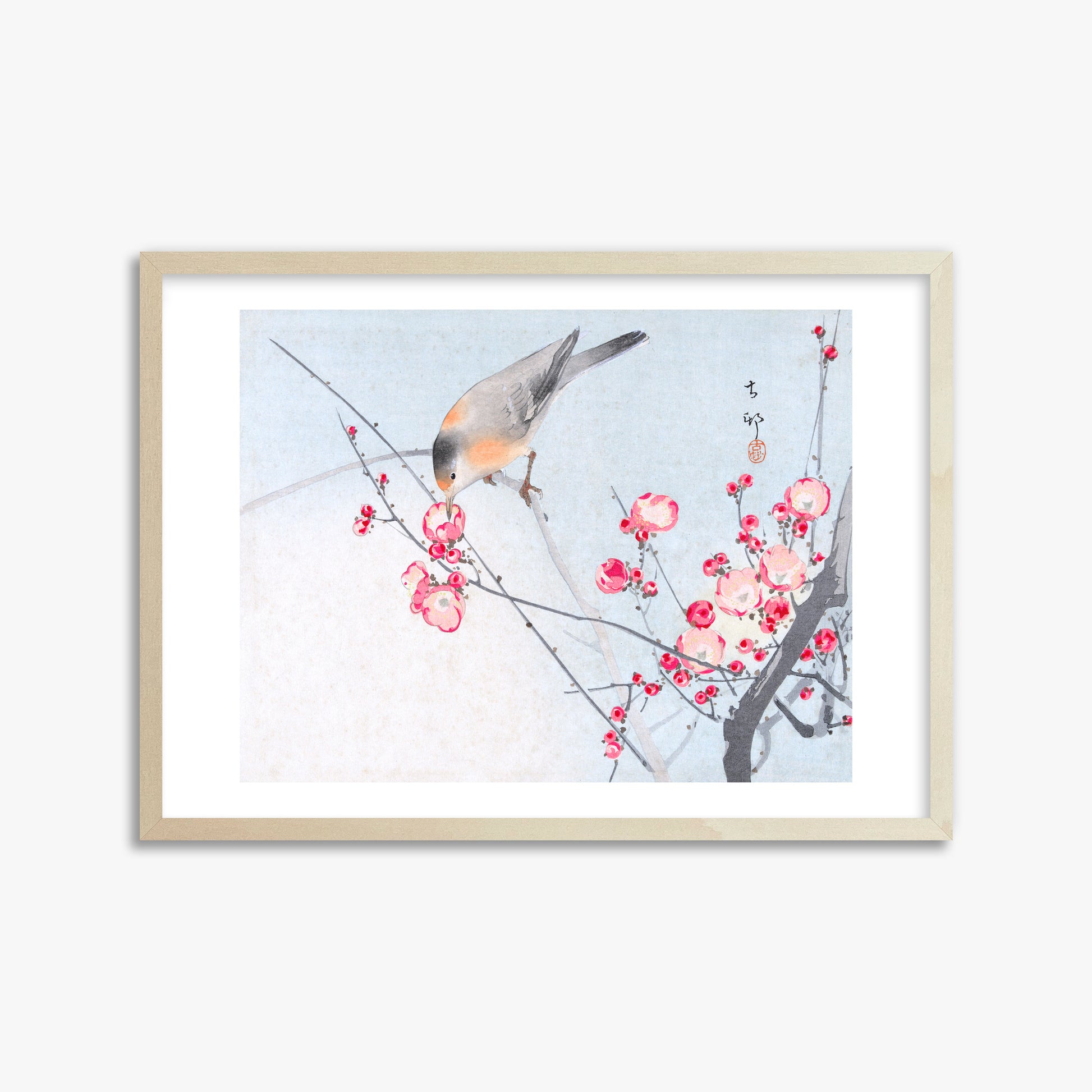 Ohara Koson: Songbird on Blossom Branch, 50x70cm Framed Art Reproduction With Lime Wood Frame