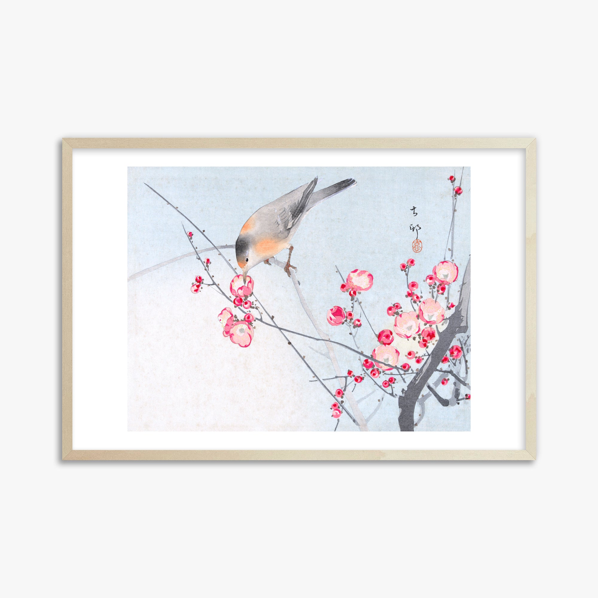 Ohara Koson: Songbird on Blossom Branch, 61x91cm Framed Art Reproduction With Lime Wood Frame