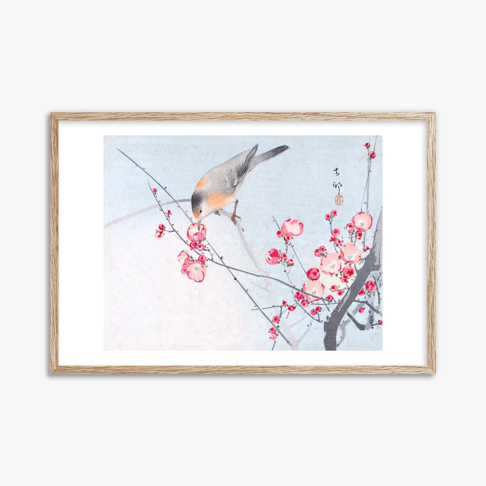 Ohara Koson: Songbird on Blossom Branch, 61x91cm Framed Art Reproduction With Raw Oak Frame
