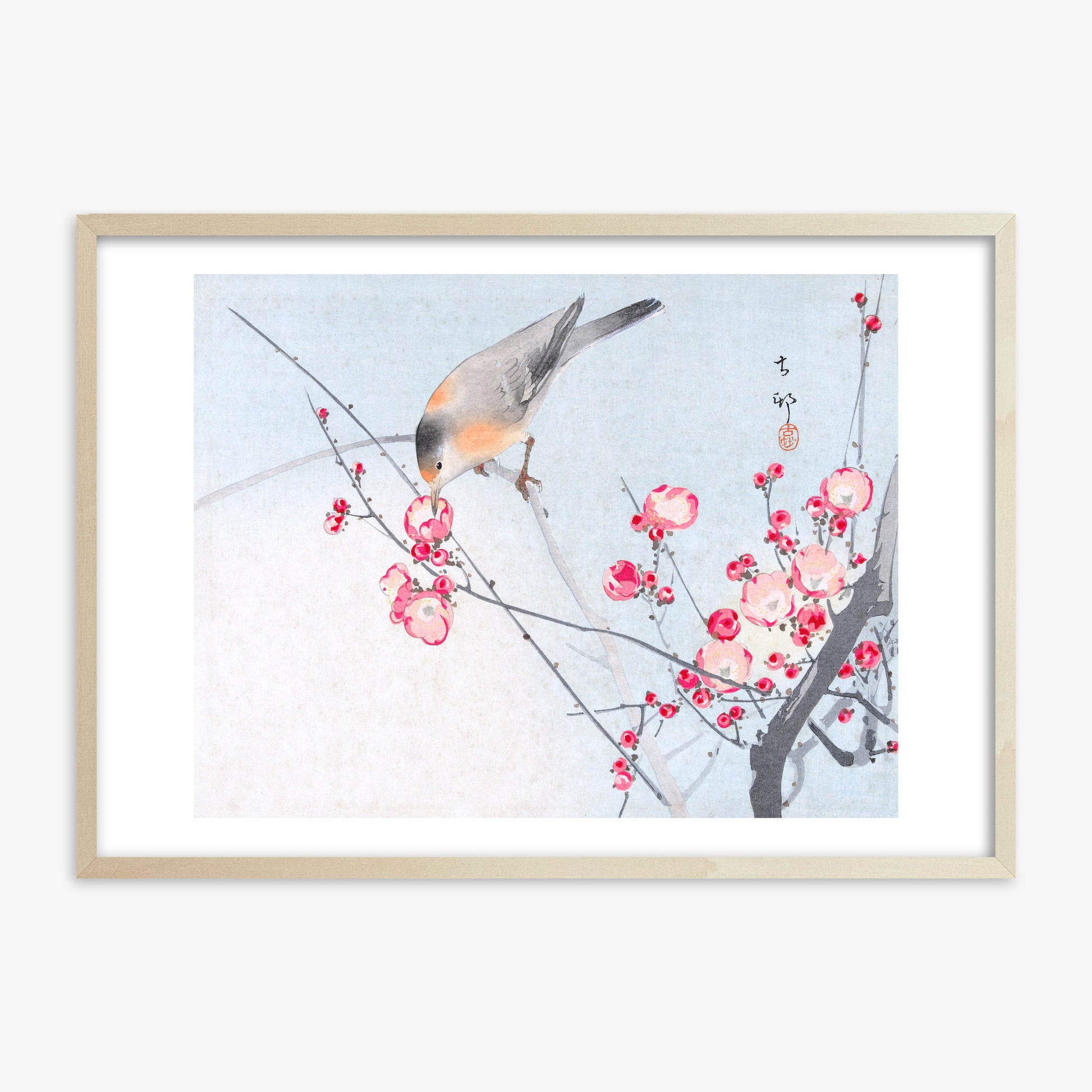 Ohara Koson: Songbird on Blossom Branch, 70x100cm Framed Art Reproduction With Lime Wood Frame