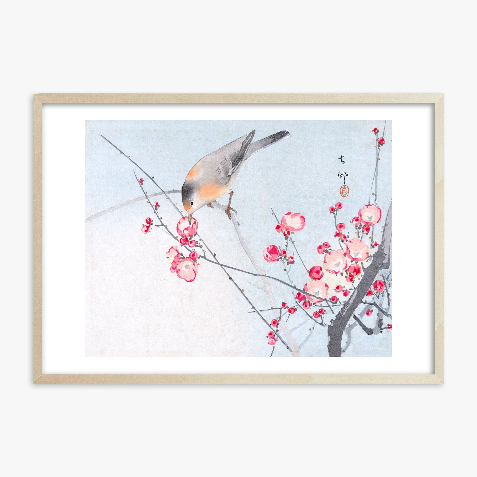 Ohara Koson: Songbird on Blossom Branch, 70x100cm Framed Art Reproduction With Lime Wood Frame