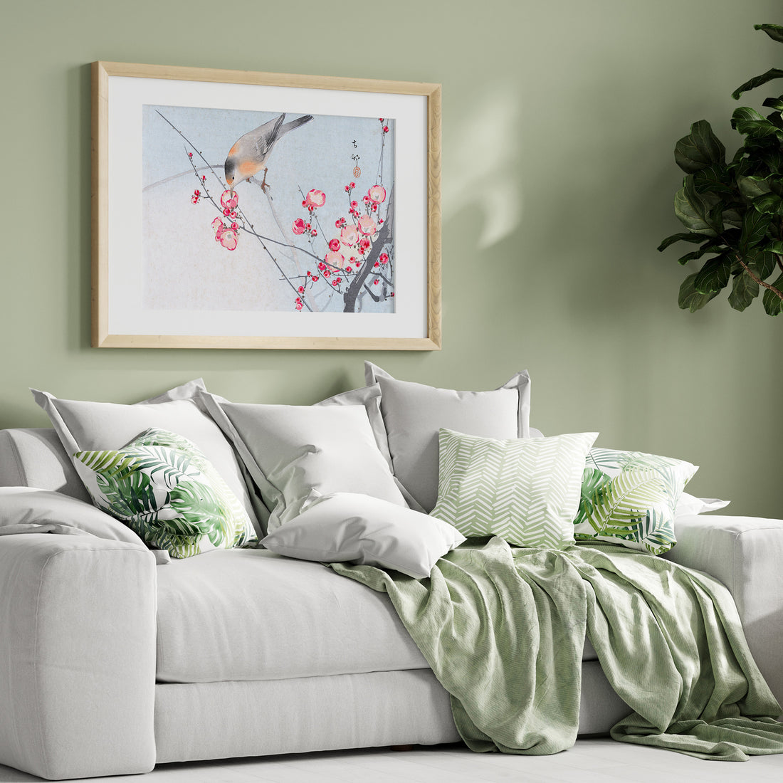 Ohara Koson: Songbird on Blossom Branch, 50x70cm Framed Art Reproduction With Black Frame