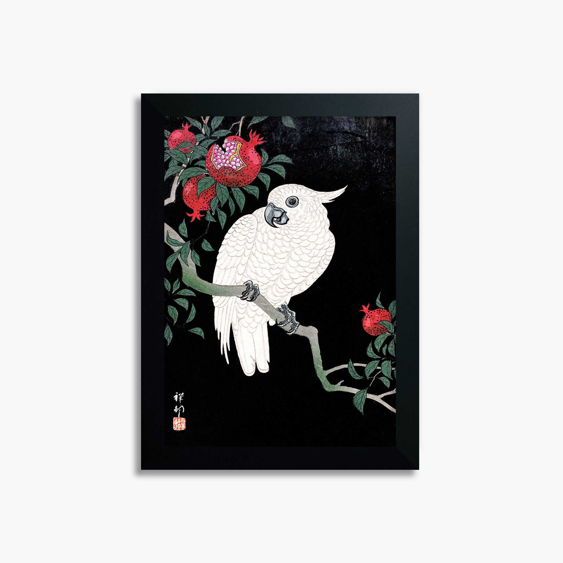 Ohara Koson: Cockatoo and Pomegranate, 21x30cm Framed Art Reproduction With Black Frame