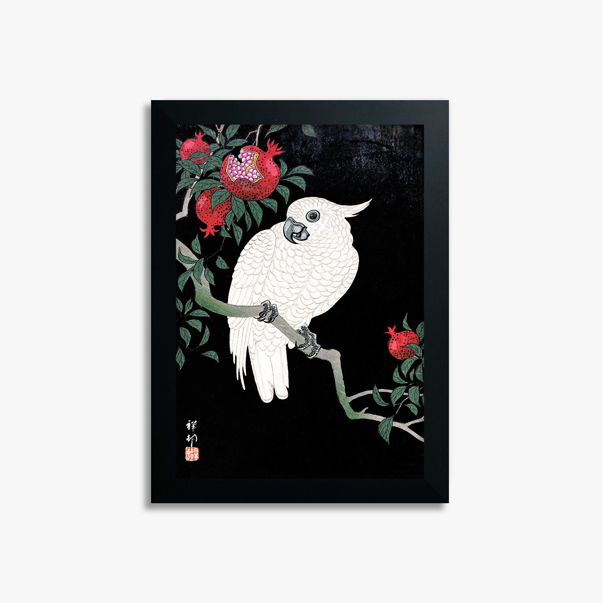 Ohara Koson: Cockatoo and Pomegranate, 21x30cm Framed Art Reproduction With Black Frame