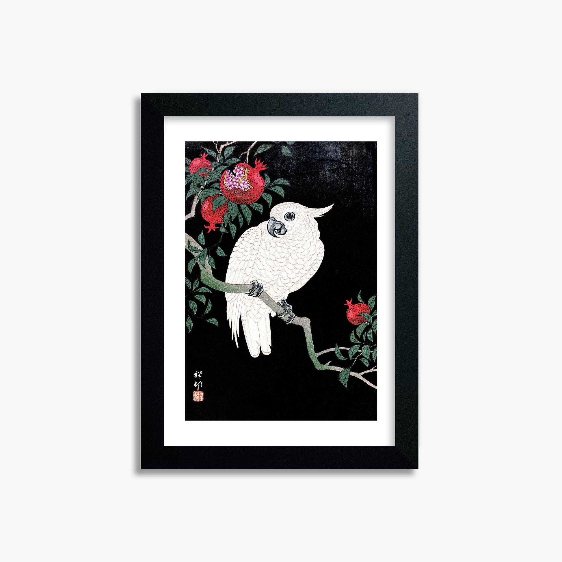 Ohara Koson: Cockatoo and Pomegranate, 21x30cm Framed Art Reproduction With Black Frame