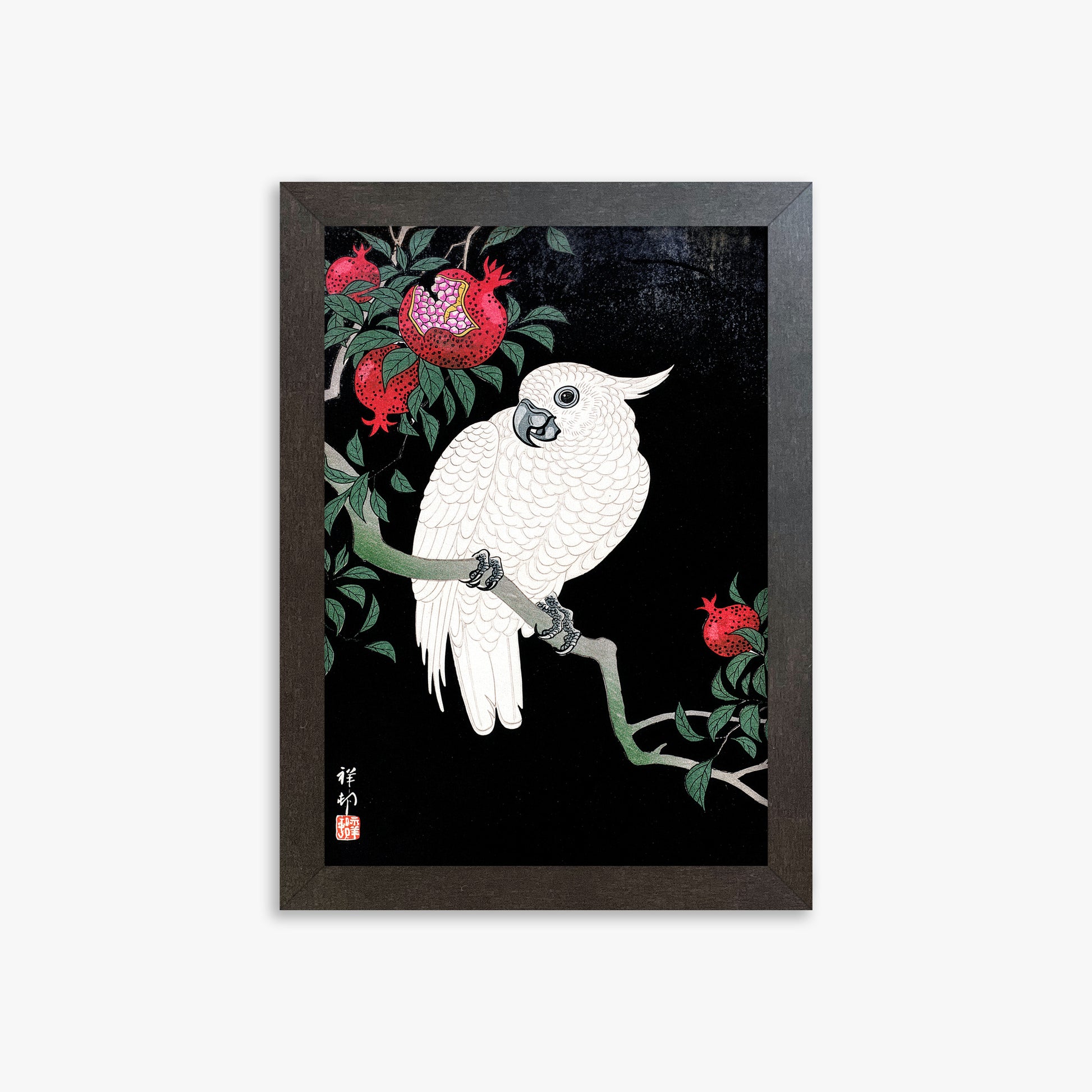 Ohara Koson: Cockatoo and Pomegranate, 21x30cm Framed Art Reproduction With Espresso Frame