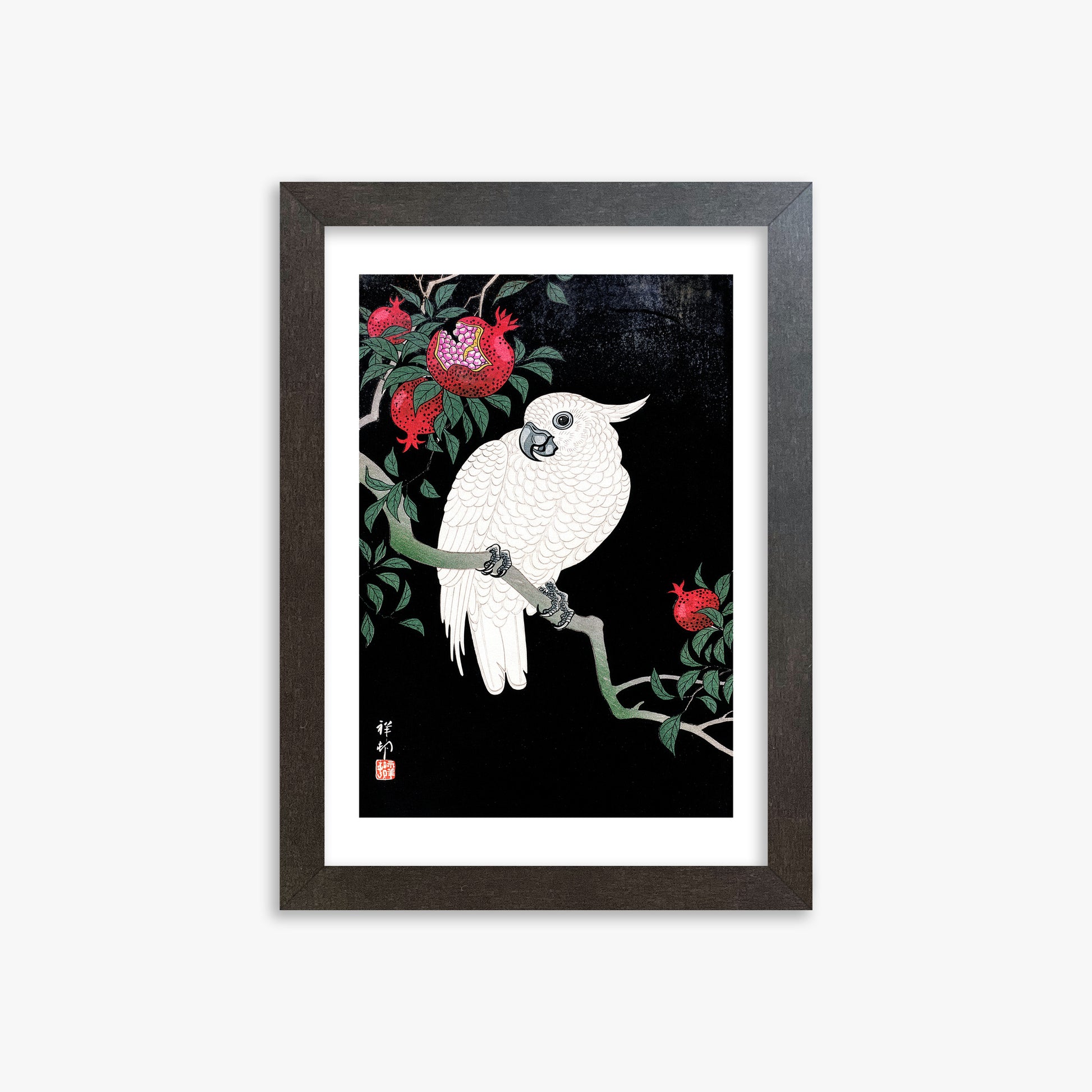 Ohara Koson: Cockatoo and Pomegranate, 21x30cm Framed Art Reproduction With Espresso Frame