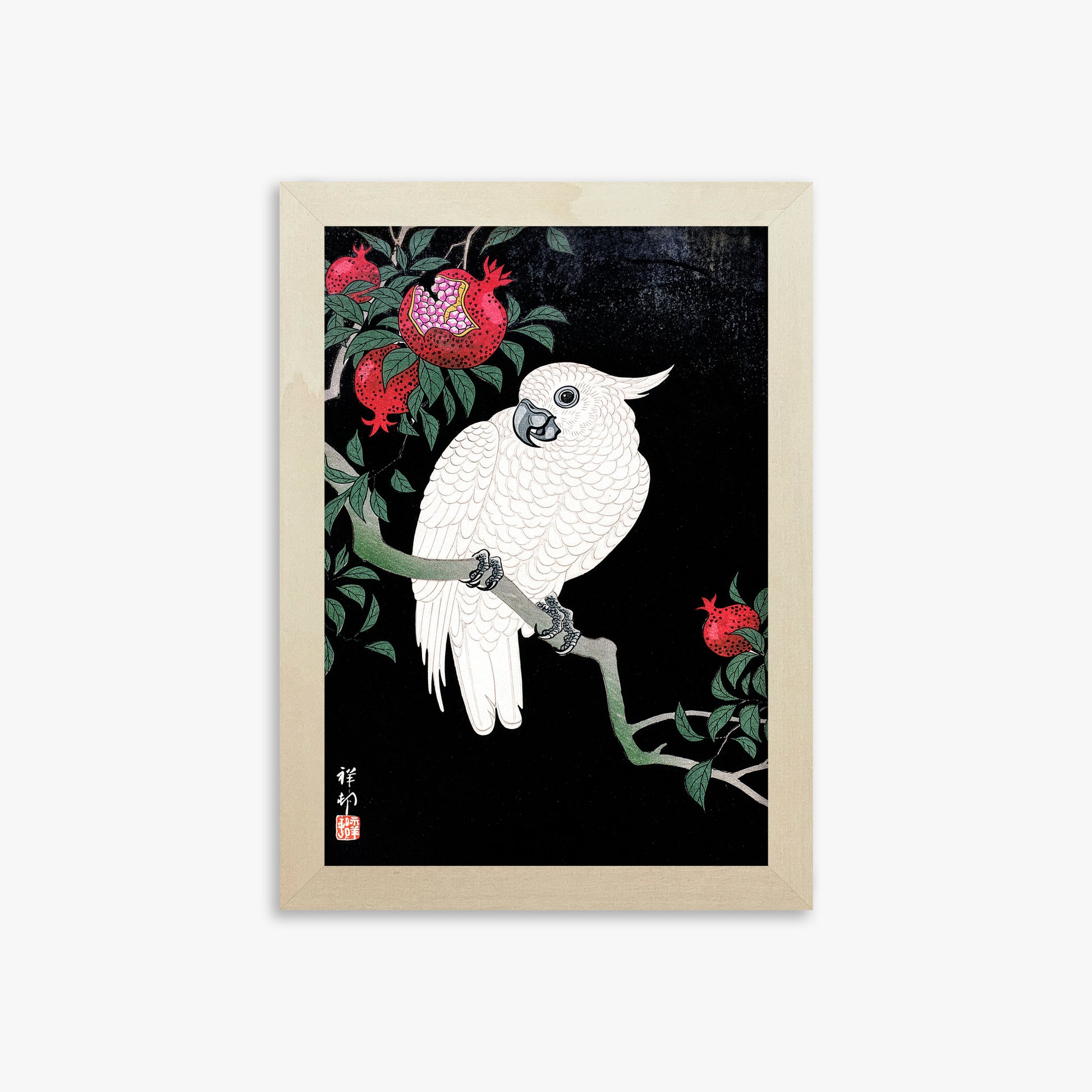 Ohara Koson: Cockatoo and Pomegranate, 21x30cm Framed Art Reproduction With Lime Wood Frame