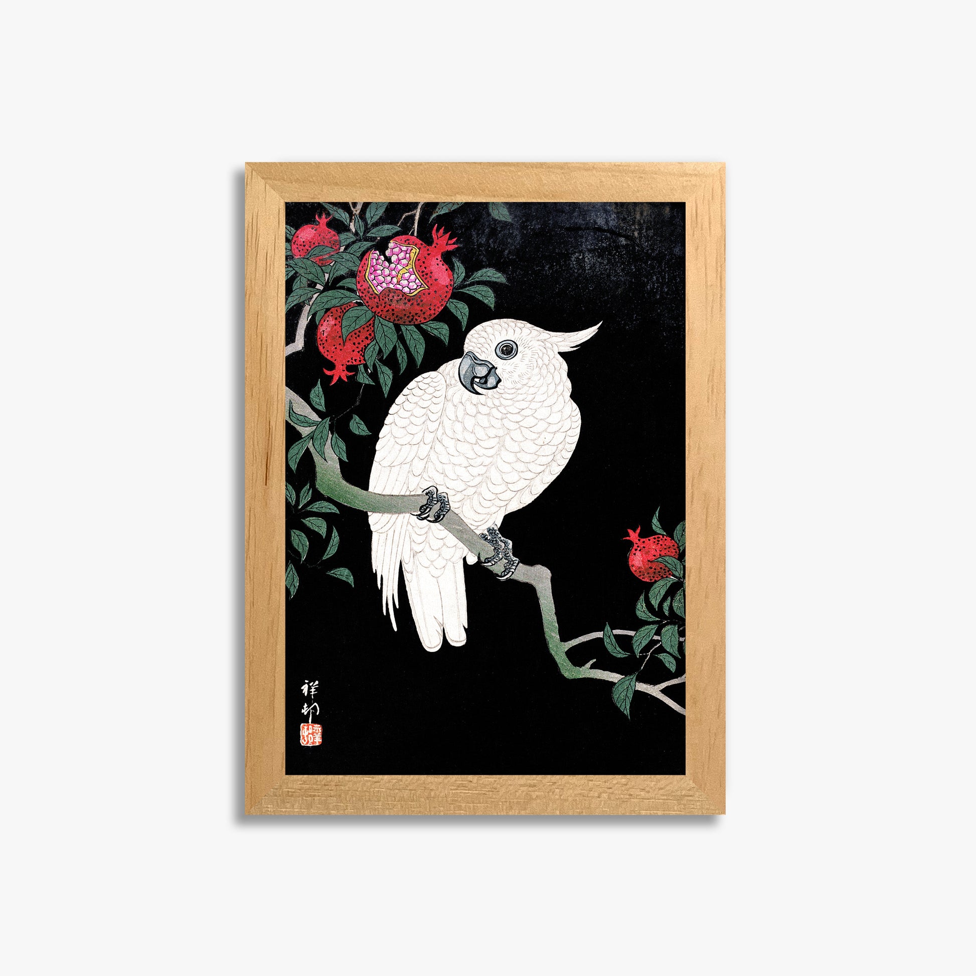 Ohara Koson: Cockatoo and Pomegranate, 21x30cm Framed Art Reproduction With Oak Frame