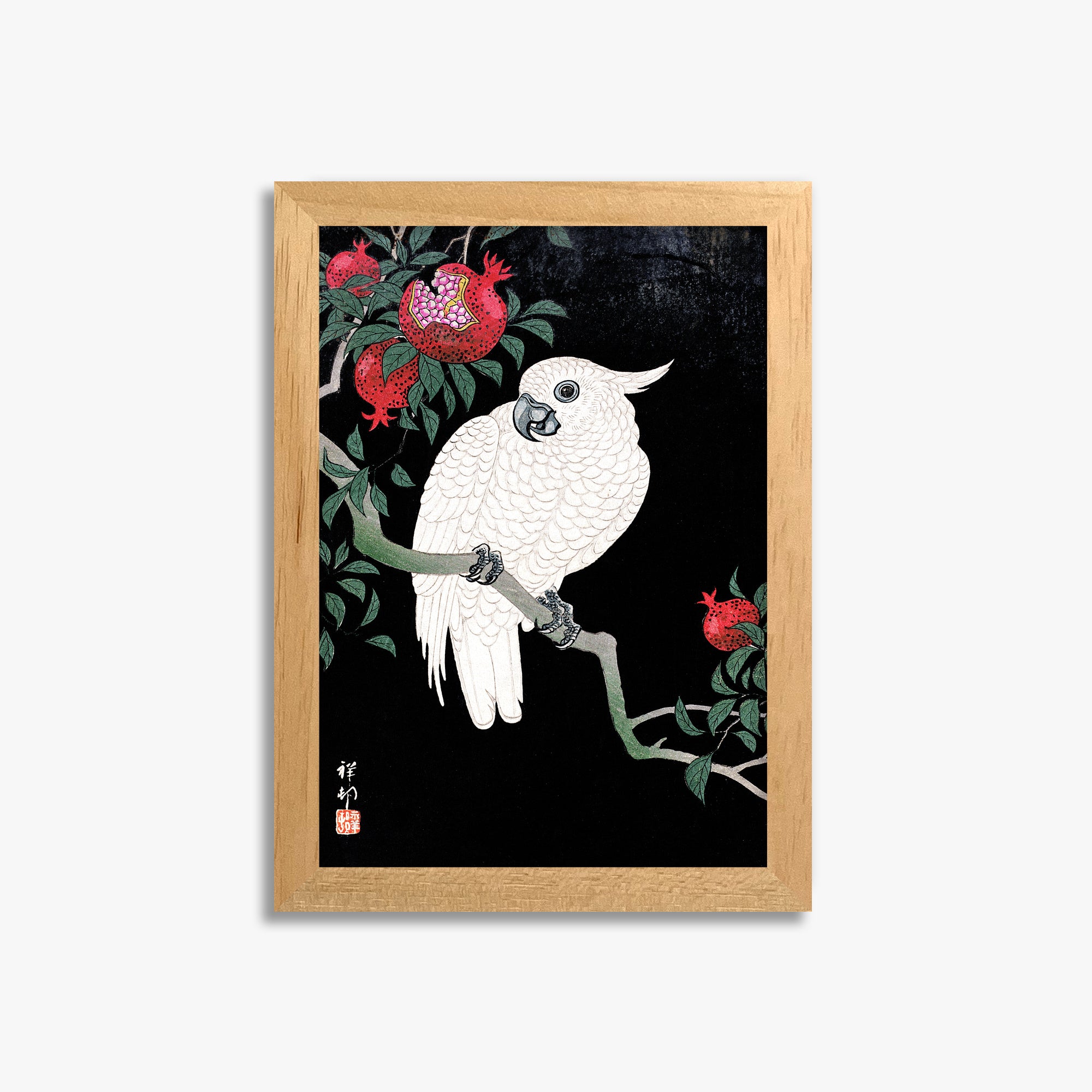 Ohara Koson: Cockatoo and Pomegranate, 21x30cm Framed Art Reproduction With Oak Frame