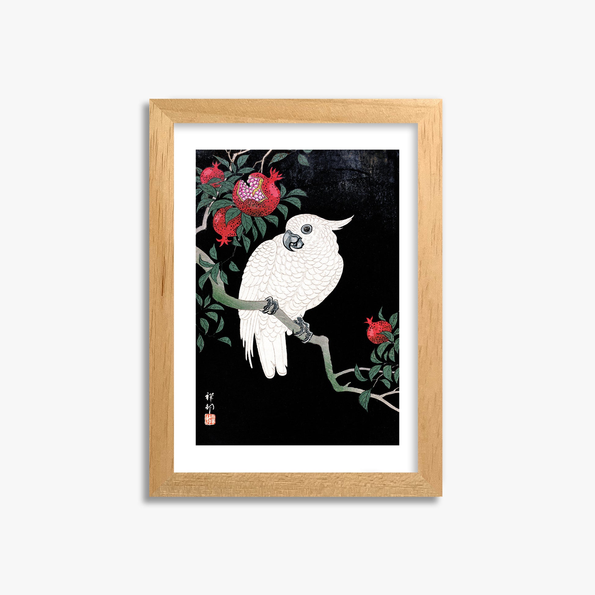 Ohara Koson: Cockatoo and Pomegranate, 21x30cm Framed Art Reproduction With Oak Frame