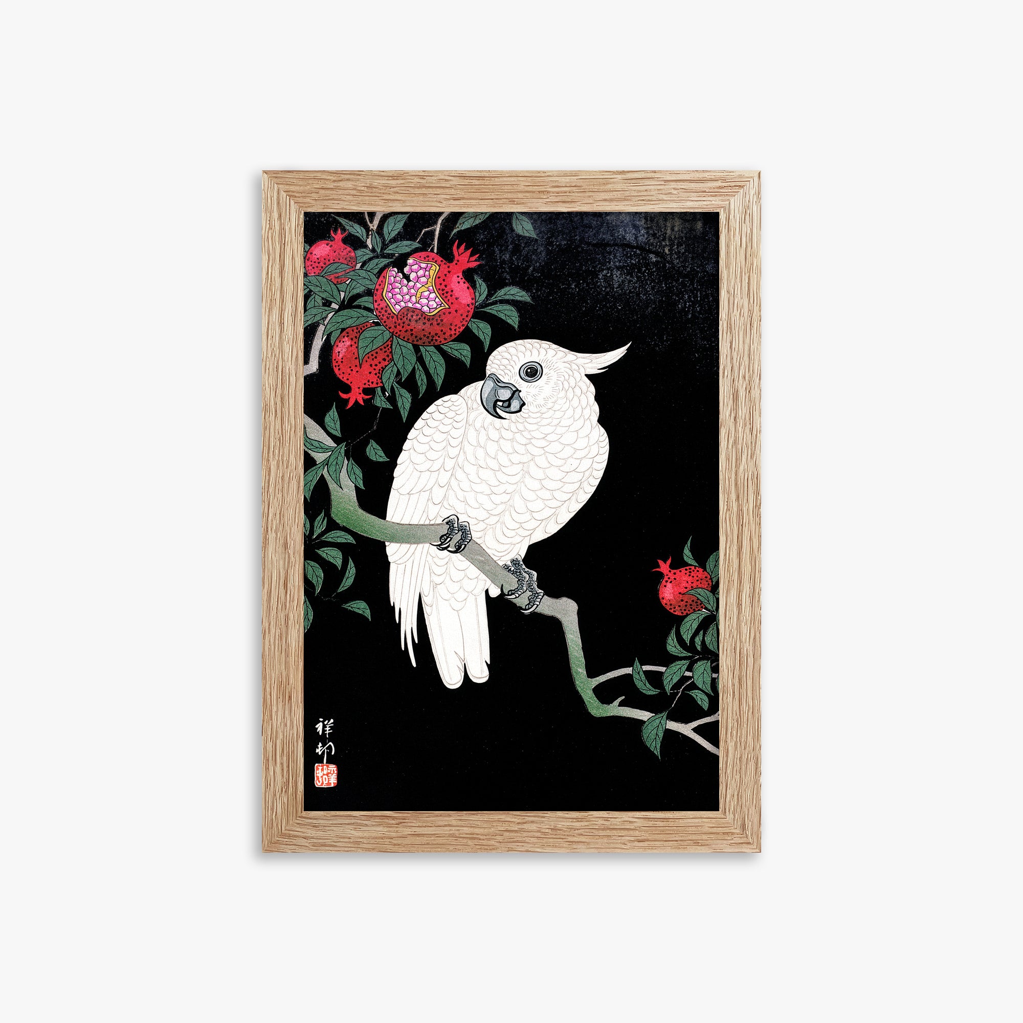Ohara Koson: Cockatoo and Pomegranate, 21x30cm Framed Art Reproduction With Raw Oak Frame