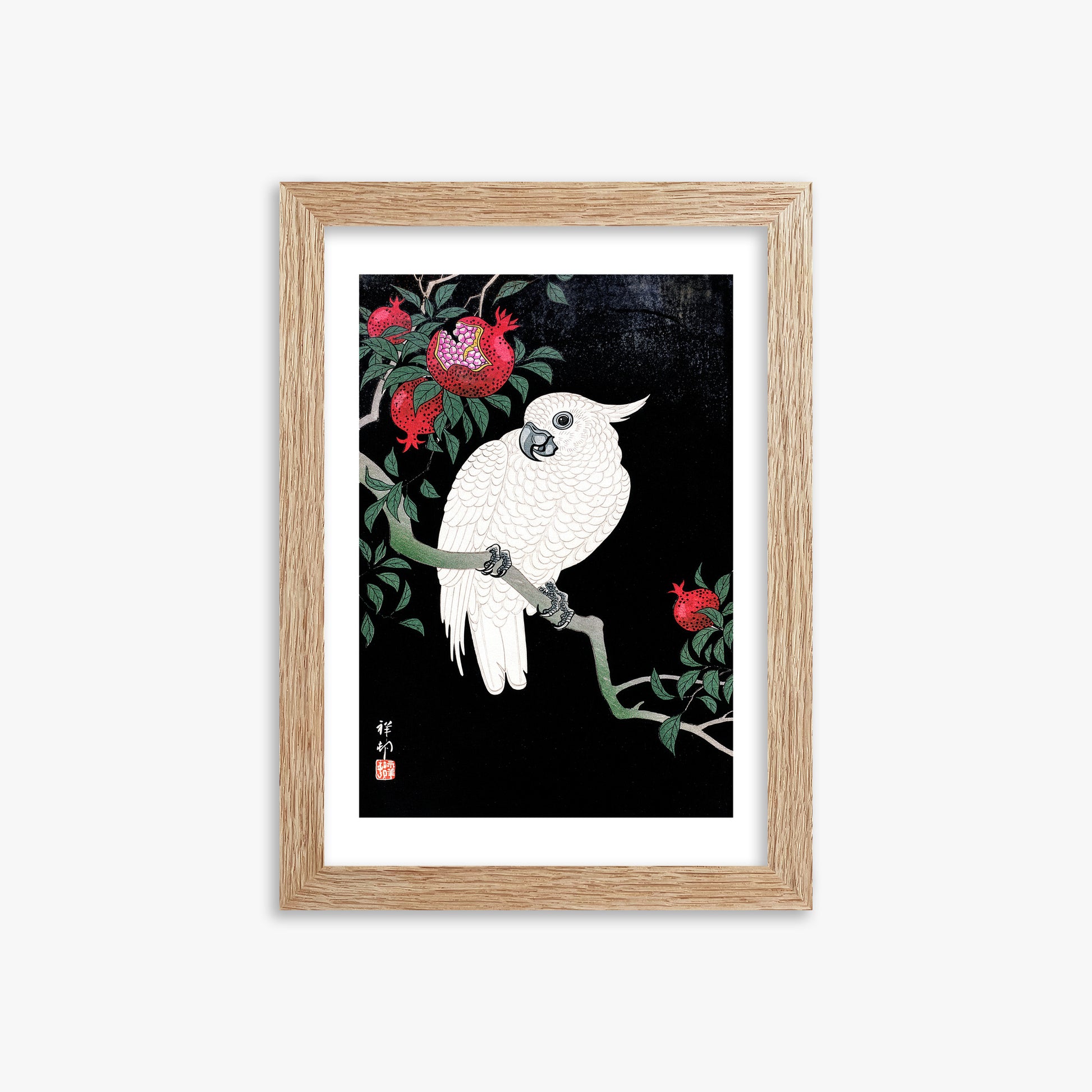 Ohara Koson: Cockatoo and Pomegranate, 21x30cm Framed Art Reproduction With Raw Oak Frame