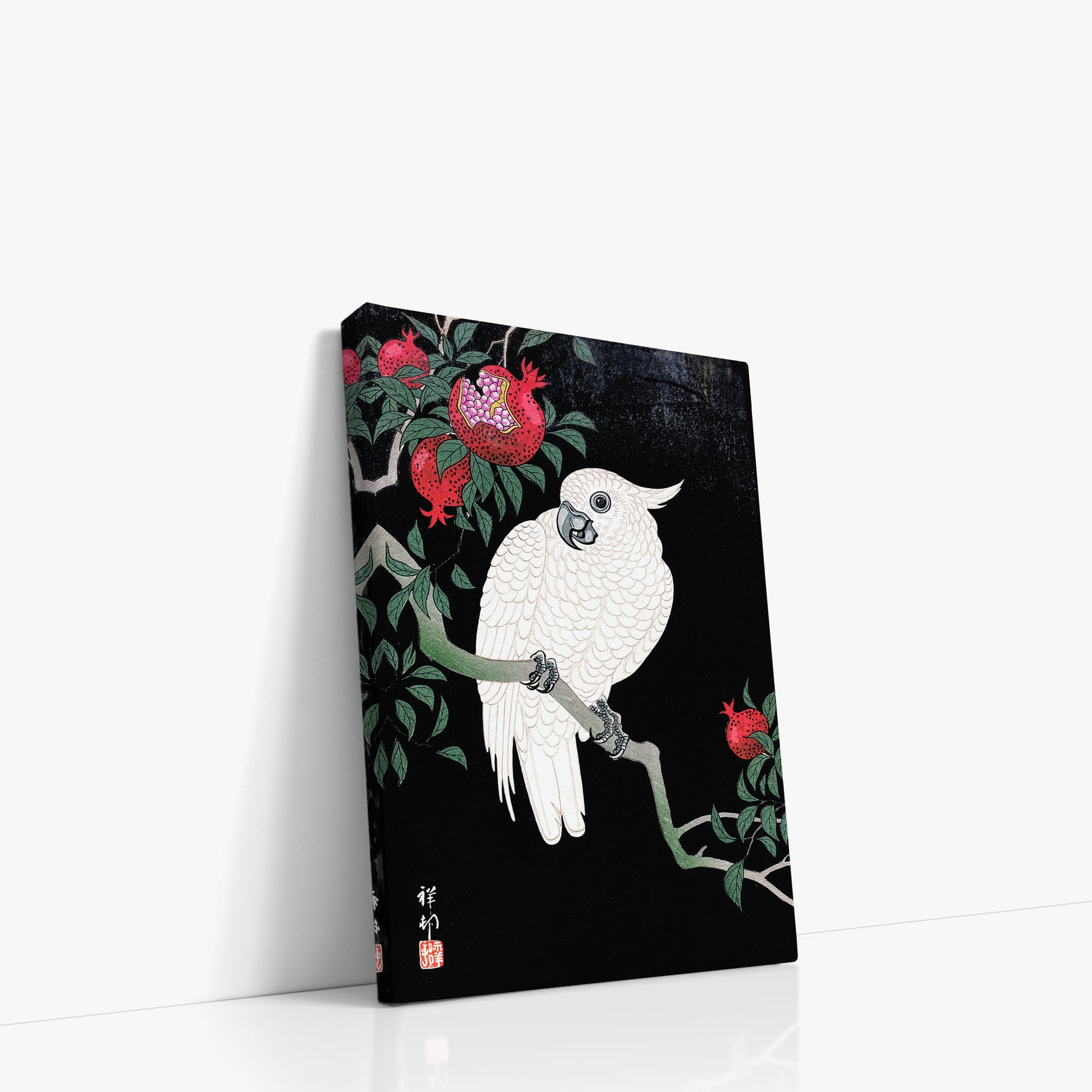 Ohara Koson: Cockatoo and Pomegranate, 21x30cm Satin Canvas Art Reproduction Left Angle